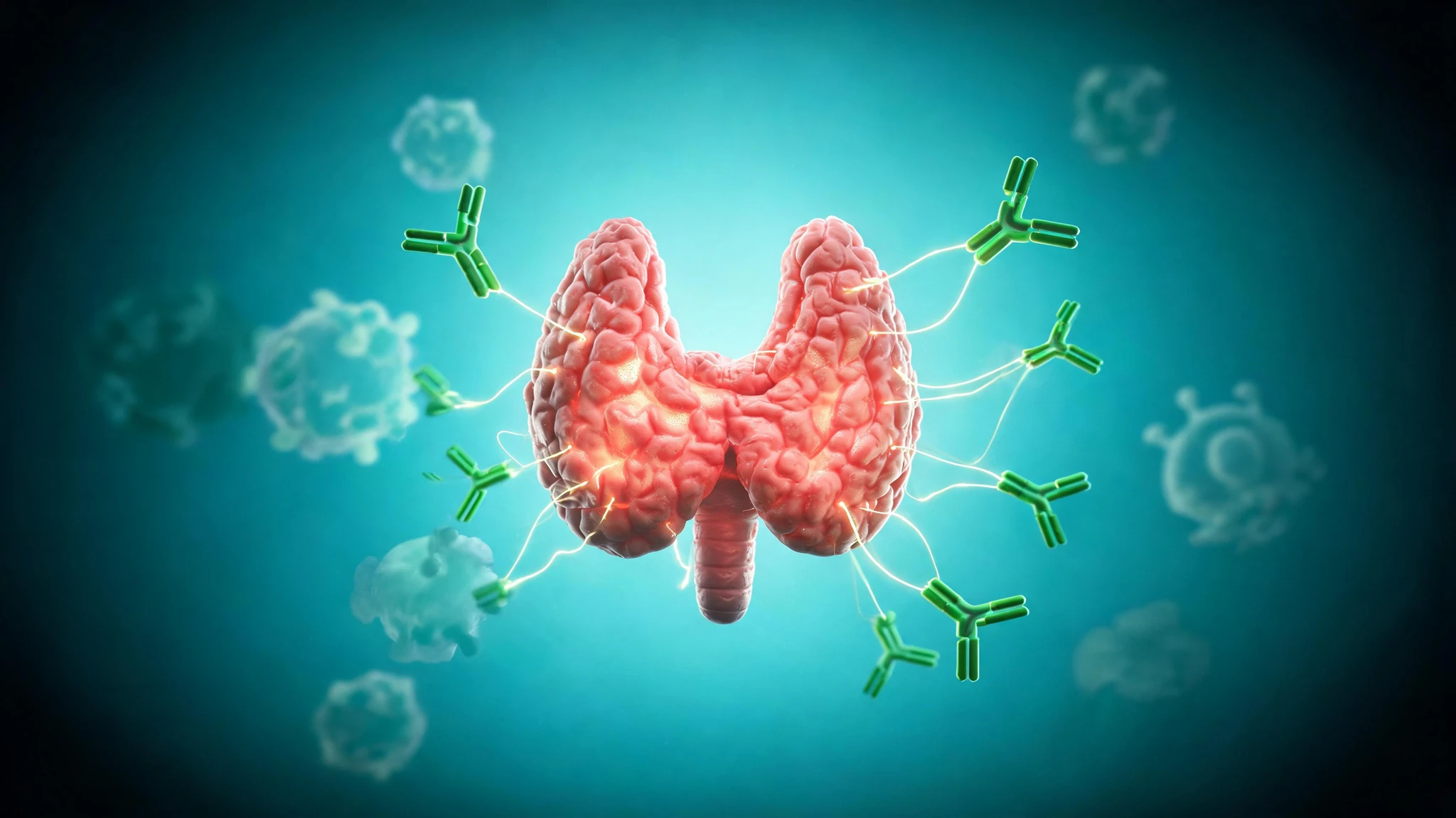 A photorealistic 3D-rendered human thyroid gland in deep coral pink, suspended in the center of the frame, with several green Y-shaped antibody molecules attacking it from all sides via thin glowing filaments. The thyroid has a textured, almost coral-like surface and a soft inner glow. Around the central organ float faint, semi-transparent immune cell silhouettes and additional Y-shaped antibodies in pale teal-green. The composition is centered and survives a 3:4 portrait crop with the thyroid placed in the upper two-thirds. No people, no text, no watermarks
