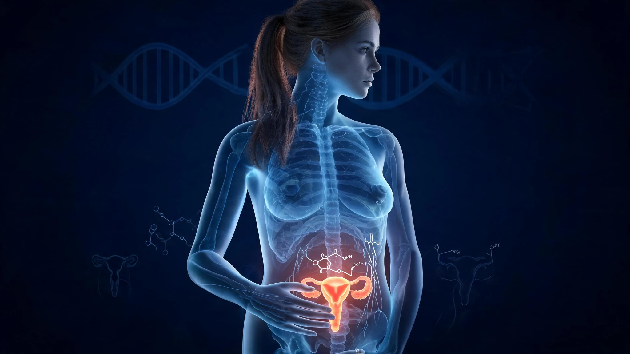 A young Caucasian woman in her mid twenties, fair skin, long brown hair tied back, shown as a translucent blue x-ray-style anatomical figure standing in three-quarter profile, one hand cradling her lower abdomen. Her uterus glows hot orange and red at the center of the frame, ringed by faint molecular structures and a small floating prostaglandin diagram. The deep navy background carries soft scientific overlays: a stylized DNA helix, a pain-pathway nerve diagram, and faint anatomical icons of the female reproductive system. Centered composition that survives a 3:4 portrait crop. Strip all text overlays and watermarks