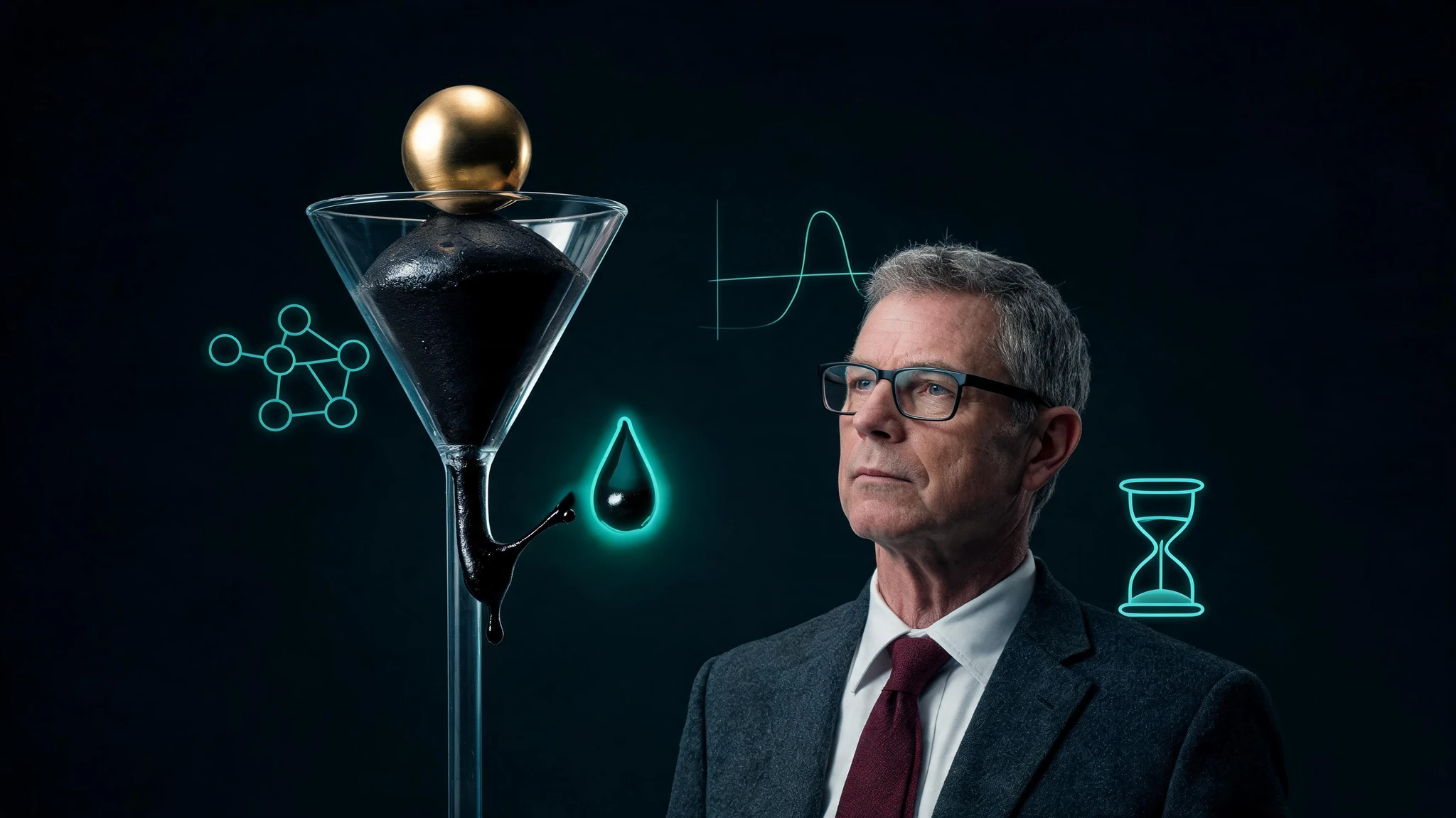 A Caucasian man in his late fifties with short greying hair, fair skin, dark-rimmed rectangular glasses, wearing a charcoal-grey wool blazer over a white shirt and a deep burgundy tie, stands beside a tall clear glass funnel apparatus that holds a thick cone of black tar-like pitch with one viscous bead beginning to elongate from the stem. The funnel is sealed at the top with a polished brass sphere. Around them, glowing scientific overlays float against a dark cinematic background: a faint molecular lattice diagram, a slow-motion droplet vector graphic, an hourglass icon, and pale teal viscosity curves. The composition is centered with the man on the right and the funnel on the left, framed so a 3:4 portrait crop still keeps both subjects readable. Strip any text overlays and watermarks from the source image but keep its dark cinematic palette and one neon teal accent
