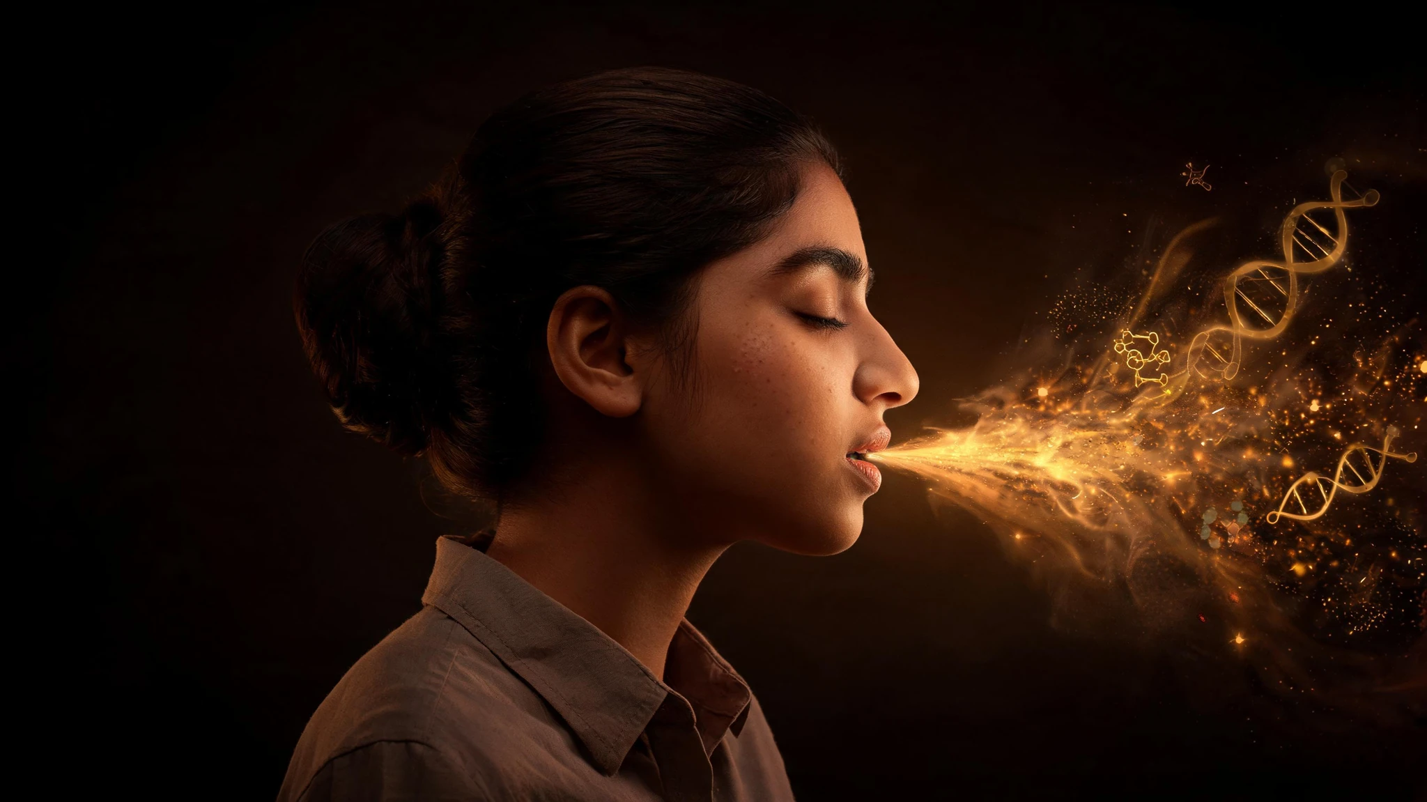 Side profile portrait of a young South Asian woman in her early twenties with warm medium-brown skin, dark brown hair pulled into a low bun, faint freckles, thick natural eyebrows, eyes gently closed, lips slightly parted as if exhaling. She wears a simple muted earth-toned shirt. From her parted lips a stream of glowing amber and gold light particles flows outward to the right, swirling into wisps of light, scattered sparkling specks, and faint floating molecular and neural diagrams (small synapse icons, soft helix curves) suggesting words turning into physiology. Background is a deep near-black brown gradient with a soft warm vignette behind her face. Centered composition that survives a 3:4 portrait crop. No text overlays, no watermarks