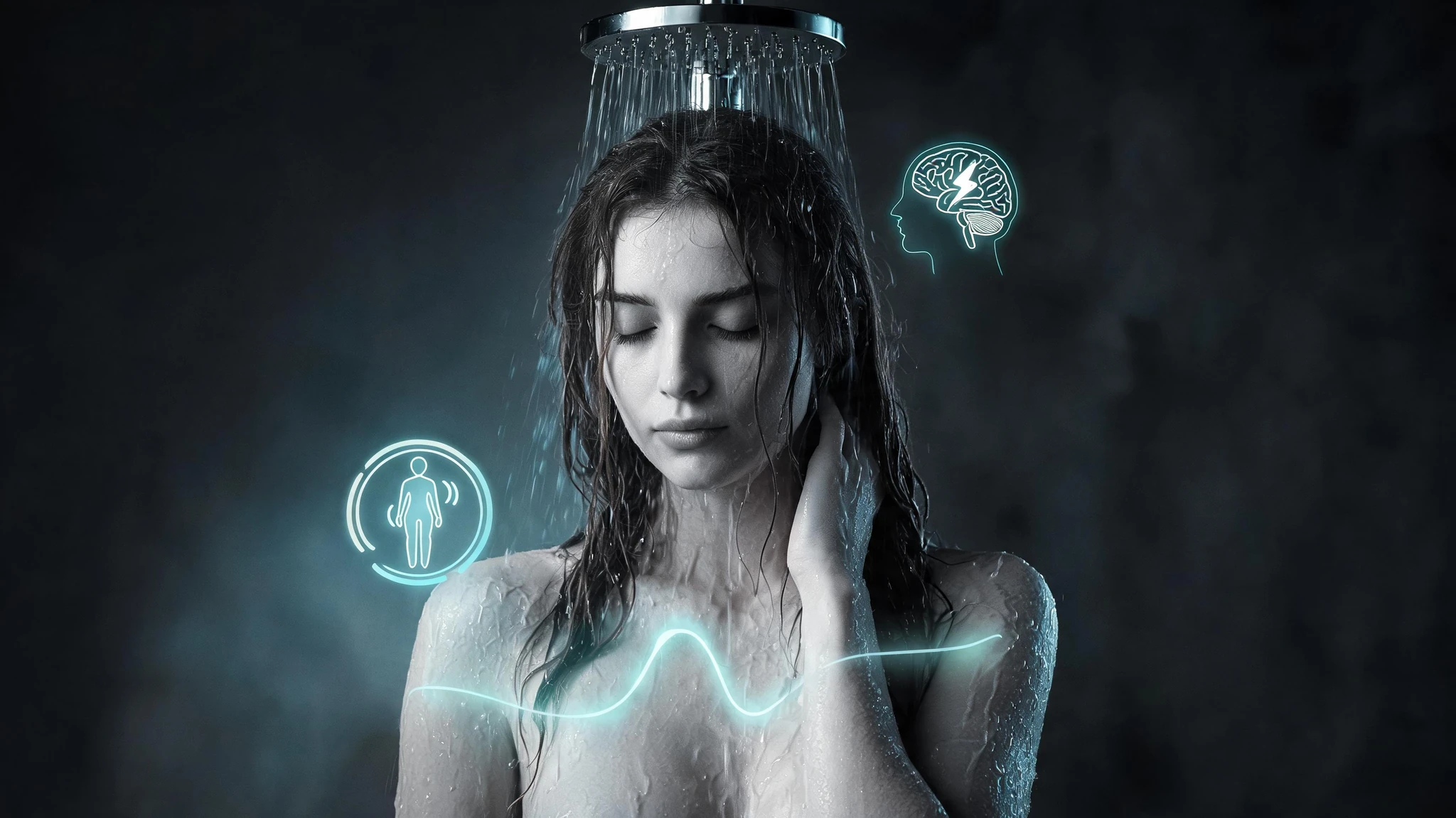A young Caucasian woman in her late twenties with long wet dark brown hair, fair skin, and softly closed eyes stands beneath a chrome rain shower head, water cascading down. Her pose is contemplative with one hand resting at the side of her neck. The scene is rendered in stylized cinematic black and white with deep shadows and a single cool teal-blue accent light glowing from the side. Floating around her are subtle glowing scientific overlays: a faint thermoregulation icon, a small brain silhouette with a delicate lightning-bolt mark, and translucent temperature-curve lines suggesting core body heat dissipation. No text or watermarks. Centered composition that survives a 3:4 portrait crop
