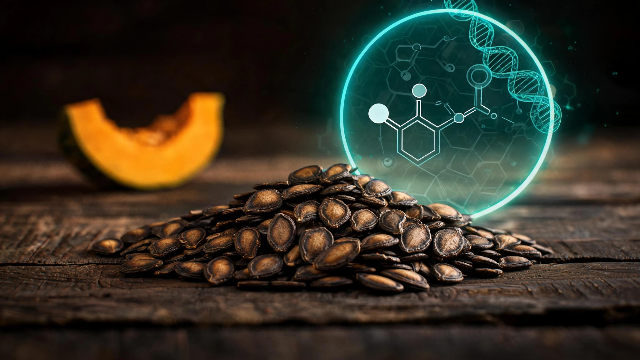 A close-up cinematic still of dark-roasted whole pumpkin seeds piled in soft focus on a rustic wooden surface, with a single glowing teal-cyan circular overlay floating in the upper right showing a stylized scientific diagram of a testosterone molecule and a luteinizing-hormone signaling pathway with faint hexagonal molecular lattices and a thin DNA helix curling behind it. A small slice of an orange pumpkin sits blurred in the upper-left background. No people in frame. No text, no watermarks, no logos. Centered seed pile composition that survives a 3:4 portrait crop