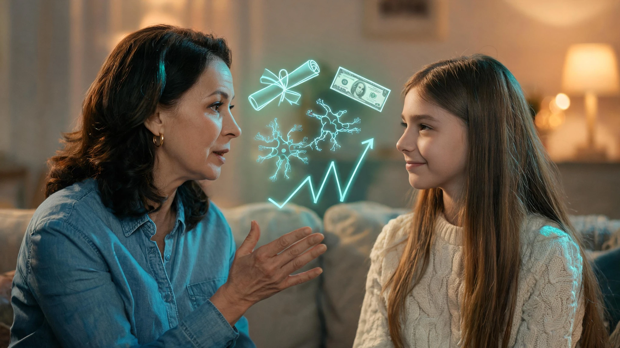 Two female figures in a softly lit suburban living room, captured in a stylized cinematic frame. On the left, a Caucasian mother in her late forties with shoulder-length dark brown wavy hair, fair skin, gold hoop earrings, and a faded blue chambray button-down shirt, gesturing with one hand mid-sentence as she speaks earnestly. On the right, her Caucasian teenage daughter, around fourteen, with long straight light brown hair, fair skin, and a cream cable-knit sweater, smiling and listening. Floating between them are glowing scientific overlays: a faint translucent diploma scroll icon, a pale dollar-bill silhouette, soft neuron and synapse line diagrams, and thin teal data-graph lines tracing upward, all rendered as semi-transparent neon-teal accents. No on-image text or watermarks