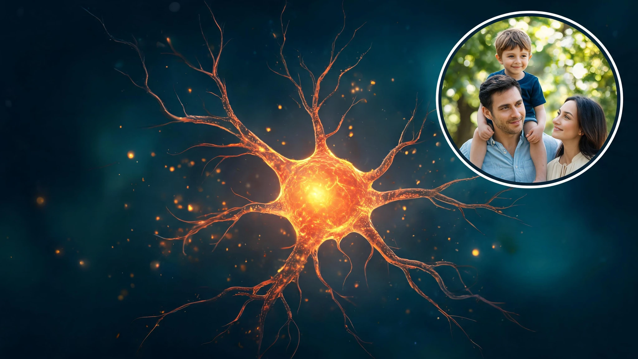 A glowing orange neuron with branching dendrites occupies the center of the frame against a deep teal and navy background, lit from within as if its soma were a small sun. Soft particles of light drift through the dark space around it, suggesting synaptic activity. In the upper right of the frame, a small circular inset shows a Caucasian father in his early thirties with short dark brown hair, light olive skin, and a soft blue casual shirt, carrying a Caucasian boy of about four years old with light skin, lighter brown hair, and a small navy t-shirt on his shoulders, standing beside a Caucasian mother in her late twenties with long dark brown hair, fair skin, and a cream blouse. The family stands in dappled outdoor green-tree light, smiling gently. No text overlays, no watermarks, no logos