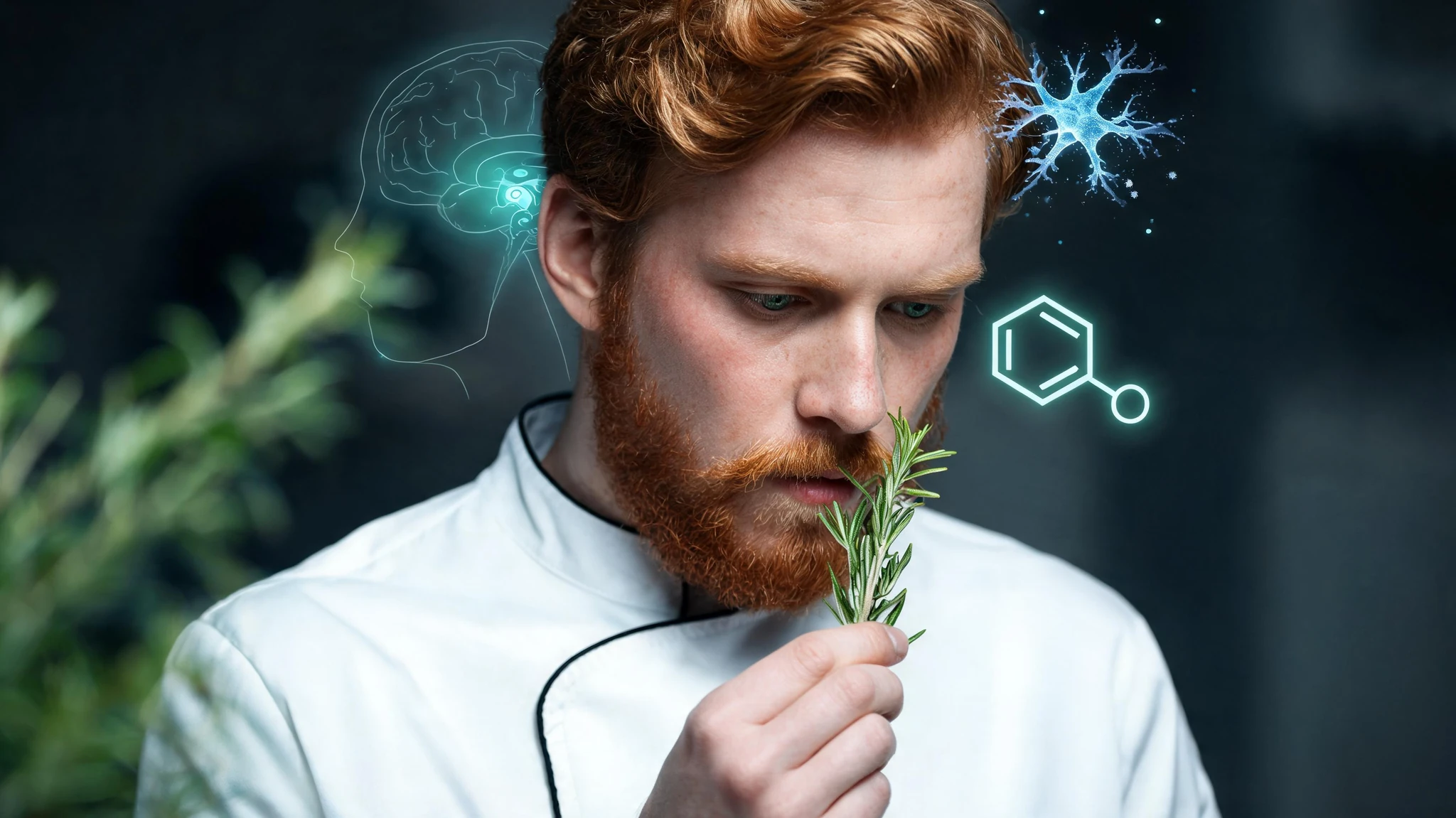 A Caucasian man in his early thirties with auburn-red wavy hair, a closely trimmed copper beard, fair skin lightly flushed across the cheekbones, and bright green eyes, wearing a crisp white chef's tunic with a thin black collar piping. He is leaning toward a fresh sprig of green rosemary held just under his nose with the fingertips of his right hand, inhaling with a focused, contemplative expression. The composition is centered on his face and the rosemary, framed at chest level, with extra rosemary stems softly out of focus in the foreground left. Faint glowing scientific overlays drift around his head: a translucent blue neuron with delicate dendrites near his temple, a pale teal molecular diagram of 1,8-cineole floating beside his cheek, and a thin, luminous outline of a human brain with one highlighted region near the hippocampus. No text, no watermarks. Centered composition that survives a 3:4 portrait crop