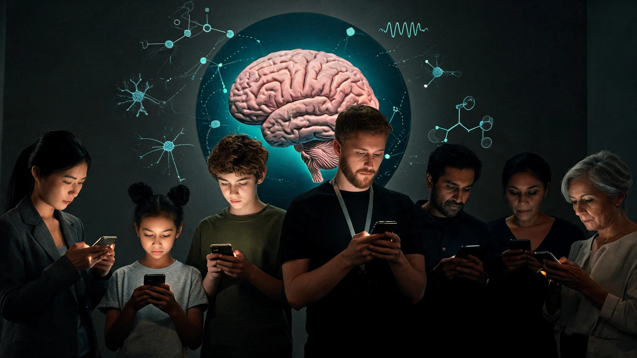 A diverse group of seven people of mixed ages standing shoulder to shoulder inside a moody, low-lit gallery space, each looking down into a glowing smartphone. Foreground figures from left to right: an East Asian woman in her late twenties with long black hair tied back, wearing a dark grey blazer; a Black girl around eight years old in a soft grey t-shirt, hair in two small puffs; a White teenage boy with curly chestnut hair in a dark olive tee; a White man in his mid-thirties with short brown hair and a trimmed beard wearing a black t-shirt and lanyard. Behind them, a huge backlit anatomical human brain sculpture mounted on a deep teal disc dominates the wall, rendered with realistic pink-grey cortical folds and a visible cerebellum. Glowing scientific overlays float around the brain and the people: faint neuron diagrams, dotted neural network lines, a small molecular dopamine icon, and soft EEG waveform lines. No text overlays, no watermarks. Centered composition that survives a 3:4 portrait crop, with the brain and the central child visible