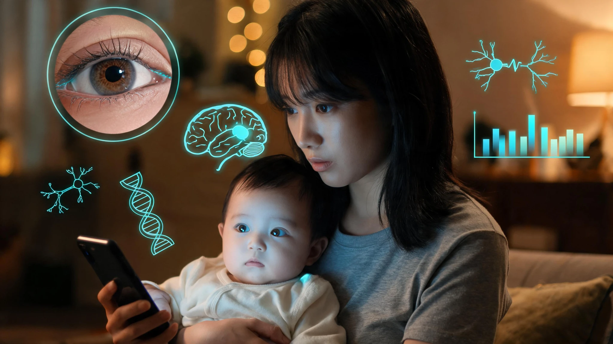 A young East Asian mother in her early thirties with shoulder-length straight black hair and a soft fringe, wearing a plain heather-grey crewneck t-shirt, holds a sleepy mixed-Asian baby boy of about 7 months in a soft cream onesie against her chest in a warm out-of-focus living room. She tilts a dark glass-fronted smartphone toward the baby's face with her right hand. The baby's wide brown eyes reflect the bluish glow of the screen. A floating circular magnifying lens isolates a hyper-detailed close-up of the baby's brown iris and dilated pupil, rendered in clinical detail with the eyelashes catching teal rim-light. Around the mother and child drift faint glowing scientific overlays in a single neon teal accent: a translucent infant brain hemisphere with the auditory cortex highlighted, a thin neuron synapse diagram, a soft DNA helix, and a spectral line of light-wavelength bars suggesting blue-light emission. Composition is centered on the mother and baby with the magnifier offset upper-left, framed so the subject survives a 3:4 portrait crop. Strip all text and watermarks