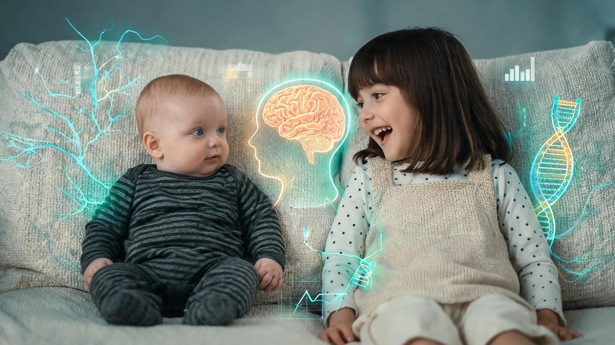 Two young Caucasian siblings on a cream textured sofa, mirroring the source image. On the left, a baby boy of about six months with very light skin, sparse light-brown hair, wide blue-gray eyes, wearing a soft striped charcoal onesie. On the right, his older sister, around three years old, with shoulder-length straight dark-brown hair, light skin, brown eyes, mouth open mid-laugh, wearing a cream knit pinafore over a polka-dot top. Floating between them and around the frame, glowing translucent scientific overlays in cool teal and soft amber: a side-profile silhouette of a child's head with a glowing brain inside, faint neural pathways, a stylized DNA helix, and small data-chart icons suggesting behavioral statistics. Strip any text or watermark from the source image but keep the cinematic stylized look. Centered composition that survives a 3:4 portrait crop