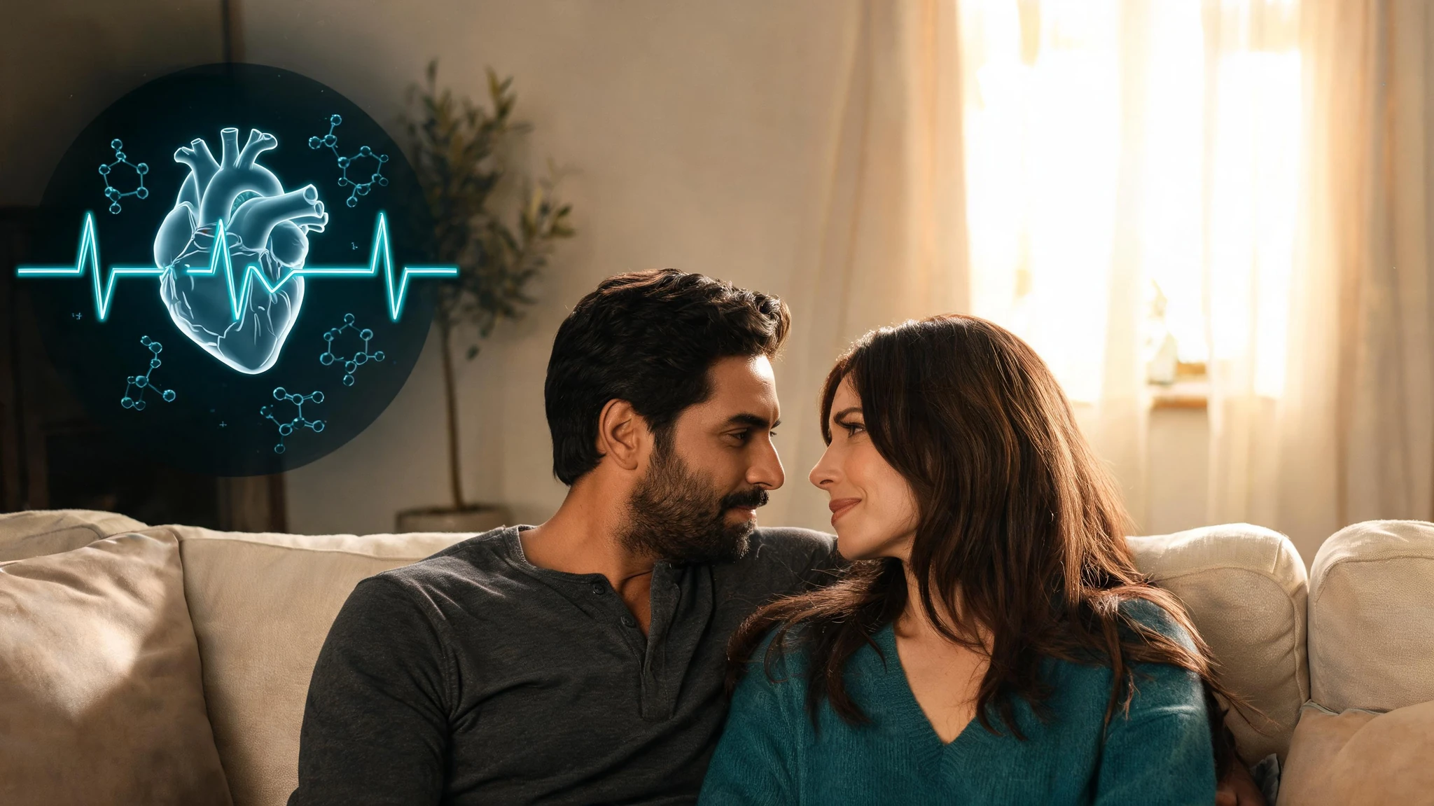 A warm interior scene of a Mediterranean Caucasian couple in their late 30s sitting close together on a beige sofa in a sunlit living room, looking at each other with quiet affection. The man has a short dark beard, dark brown wavy hair, olive skin, wearing a charcoal henley. The woman has long brown hair, fair-olive skin, wearing a teal v-neck sweater. To the upper left of the frame, a glowing anatomical human heart icon hovers in a dark circular vignette with a bright cyan electrocardiogram waveform crossing its center, plus faint glowing molecular structures and small blue pulse-line overlays scattered nearby. Strip out any text or watermarks. Centered composition that survives a 3:4 portrait crop with the couple lower-center and the heart graphic upper-left