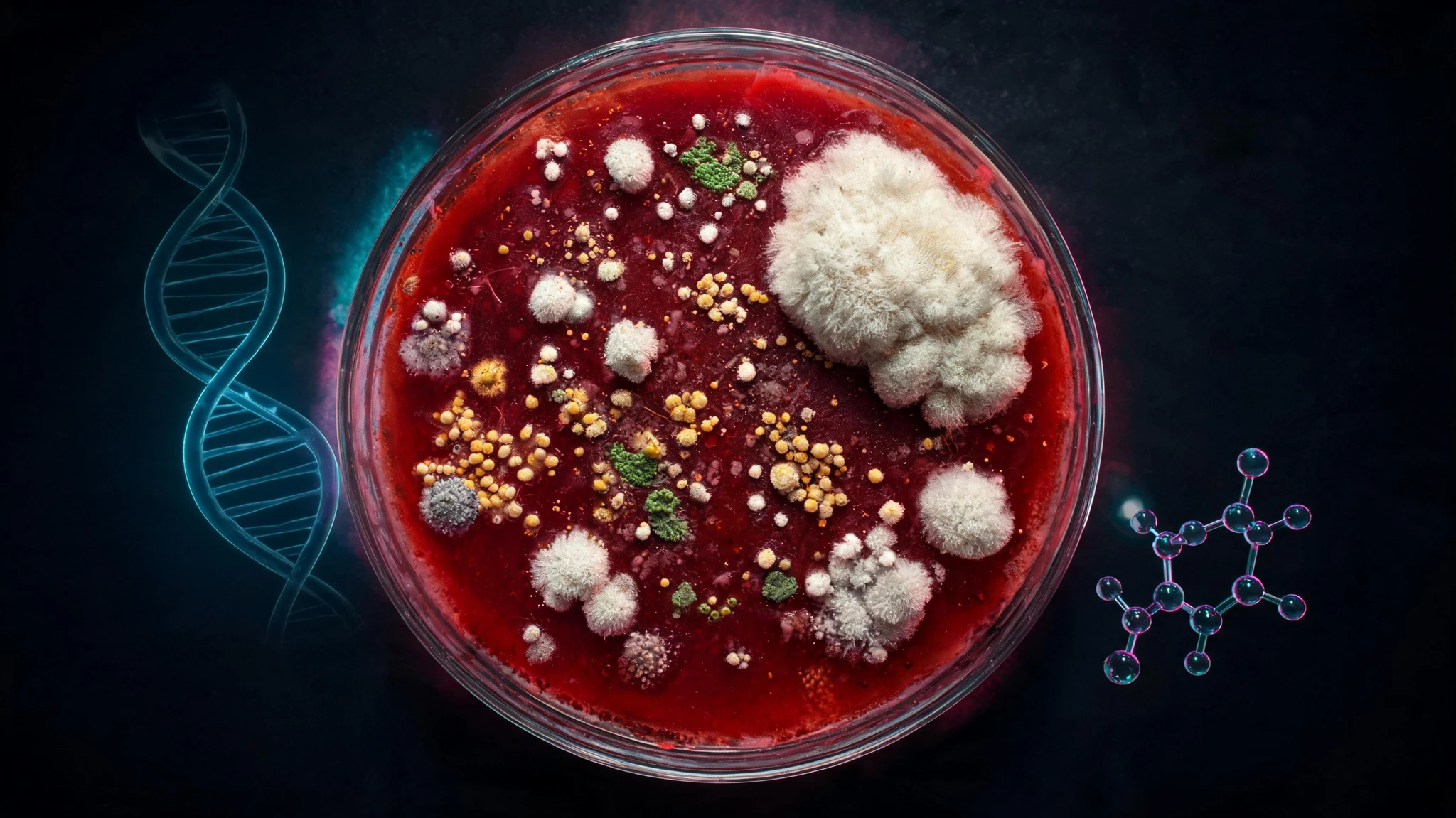 A glass petri dish photographed from directly overhead, filled with deep red blood-agar growth medium. Across the agar surface bloom dozens of fluffy white and cream fungal colonies of varied sizes, scattered with smaller mustard-yellow speckles and a few bright moss-green bacterial colonies. The colonies cluster in irregular constellations across the dish, with the largest cottony mass on the right side. Around the petri dish, faint glowing scientific overlays float at the edges: a translucent neon-blue strand of DNA helix on the left, a small molecular structure diagram bottom-right, and a soft halo of cyan and magenta light bleeding into the dark background. Strip all text overlays and watermarks from the source. No people in this image. Centered composition that holds up in a 3:4 portrait crop