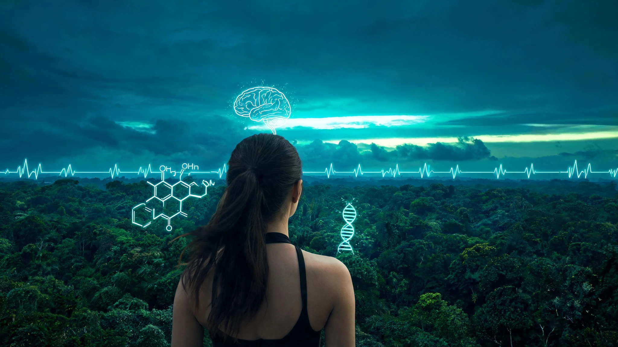 A young Caucasian woman with light olive-toned skin and a long dark-brown ponytail, mid-twenties, photographed from behind, wearing a black halter-style top, gazing out across a vast emerald tropical jungle canopy stretching to a distant horizon. Replace the natural sunset with a dramatic dark cinematic palette: deep teal sky transitioning to a single neon cyan accent across the cloudbank, with glowing scientific overlays floating around her head and shoulders, including a faint cortisol molecular structure, a small DNA helix, a stylized brain icon with glowing neural traces, and a thin EKG line tracing the horizon. Centered composition with the subject anchored slightly left, jungle filling the lower two-thirds, sky and overlays in the upper third, safe for a 3:4 portrait crop. No text, no watermarks, no inset portraits