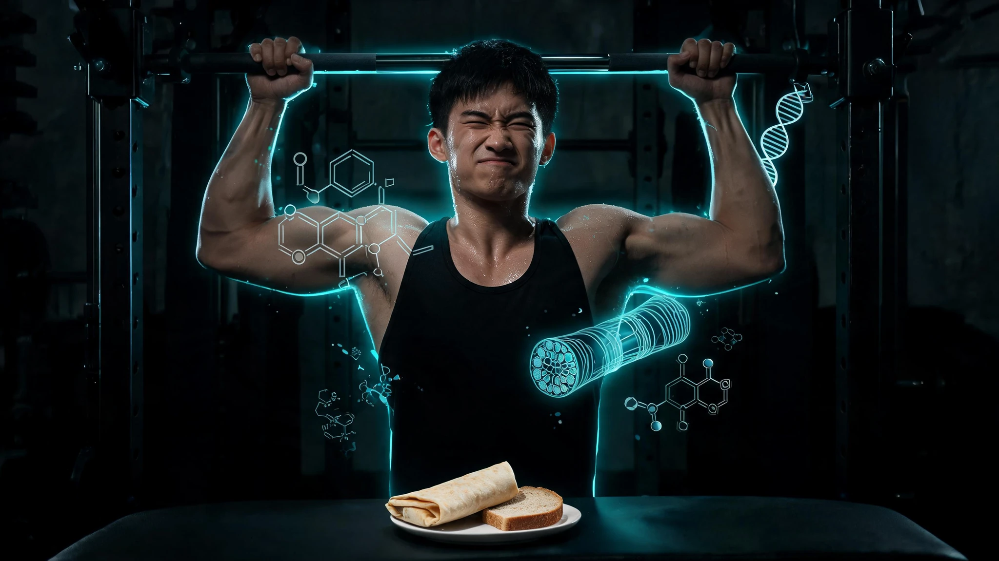 A lean East Asian man in his early twenties with short dark hair and light olive skin, wearing a black athletic tank top, gripping a black power-rack pull-up bar in a moody industrial gym, face mid-effort with a tight grimace and clenched jaw. Dark cinematic palette with a single teal-cyan neon accent rimming the bar and his silhouette. Glowing scientific overlays float around him: a ghostly molecular glucose ring near his shoulder, a translucent muscle-fiber cross-section diagram by his ribs, faint blue insulin and amino-acid icon labels drifting in the air, and a thin double-helix curve trailing behind his arm. A small white plate holding a folded flatbread and a triangle of brown sourdough sits on a dark surface in the lower foreground, lit with the same cyan rim light. Centered composition that survives a 3:4 portrait crop, no text or watermarks