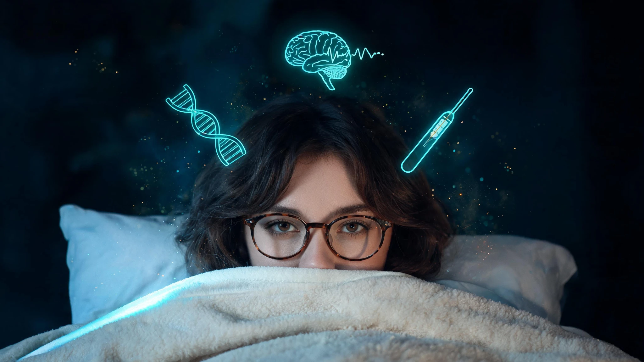 A young Caucasian woman in her mid-20s, with wavy dark brown shoulder-length hair and fair skin, peeks over the edge of a soft cream-colored fleece blanket pulled up to her nose. She wears tortoiseshell round eyeglasses and looks directly at the camera with calm, thoughtful brown eyes. Her head rests on a white pillow. Floating around her in a dark cinematic frame are glowing teal and amber scientific overlays: a translucent thermometer graphic, a small DNA helix, a faint anatomical icon of a brain with a sleep wave, and a soft particle haze suggesting cool air. The background fades to deep navy and charcoal, with one neon-teal accent illuminating the blanket edge. No text, no watermark, no logo