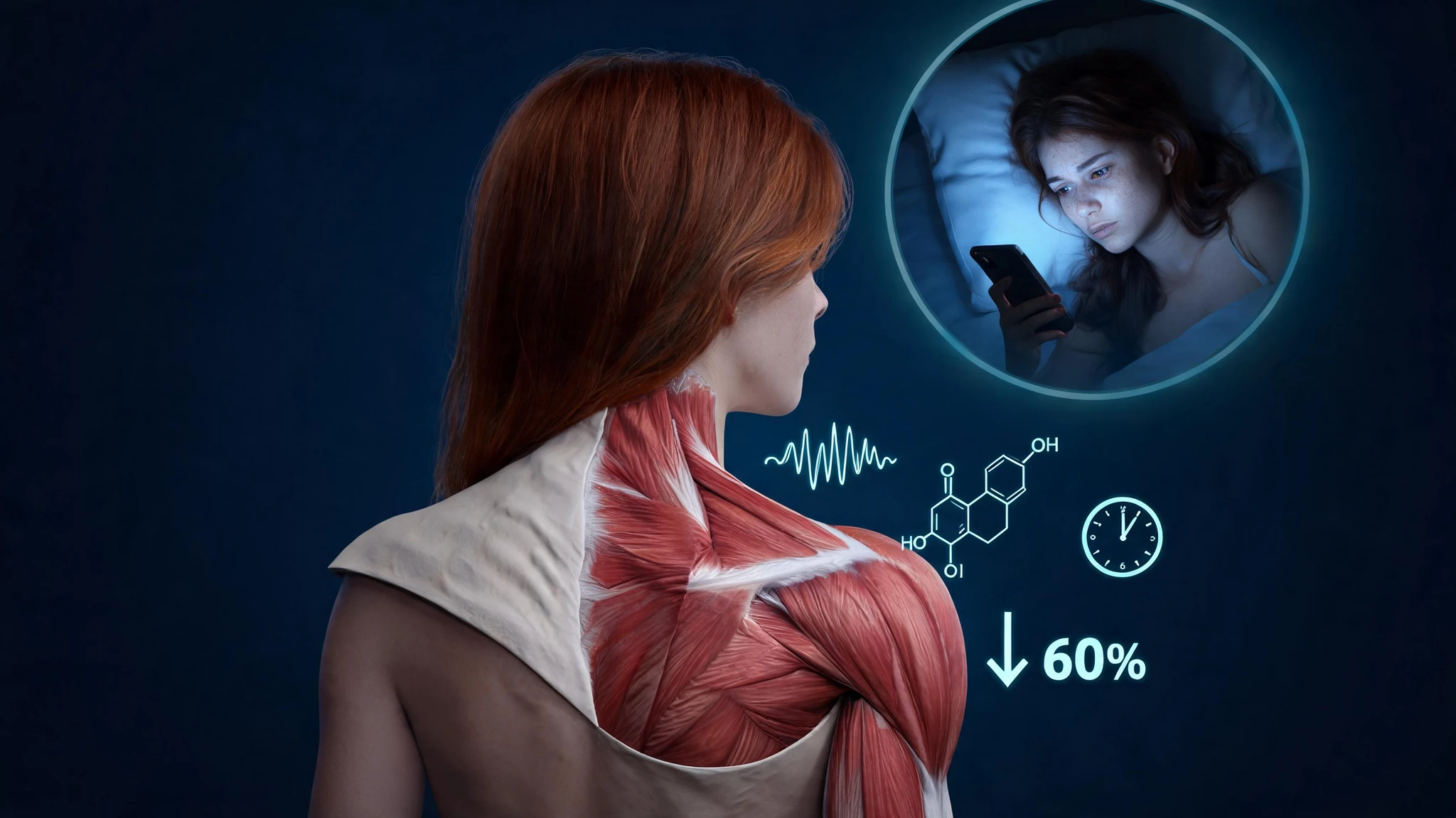 A cinematic anatomical render of a young Caucasian woman in her late twenties shown from the back and right shoulder, fair skin, long auburn red hair partially pulled forward, with the surface skin peeled away to reveal the deep red trapezius, deltoid, and rotator-cuff musculature in detailed photoreal anatomy. A small inset orb in the upper right shows the same woman, fair skin, freckles, dark auburn hair, lying on a white pillow at night, lit only by the cool blue glow of a smartphone she is holding, her expression tired and worried. Floating around the muscle anatomy are softly glowing scientific overlays in pale teal and electric blue: a sleep EEG waveform, a cortisol molecular structure, a small clock at 5:30, and a faint downward 60% arrow indicating muscle loss. Clean dark navy gradient background. Strip all source text overlays