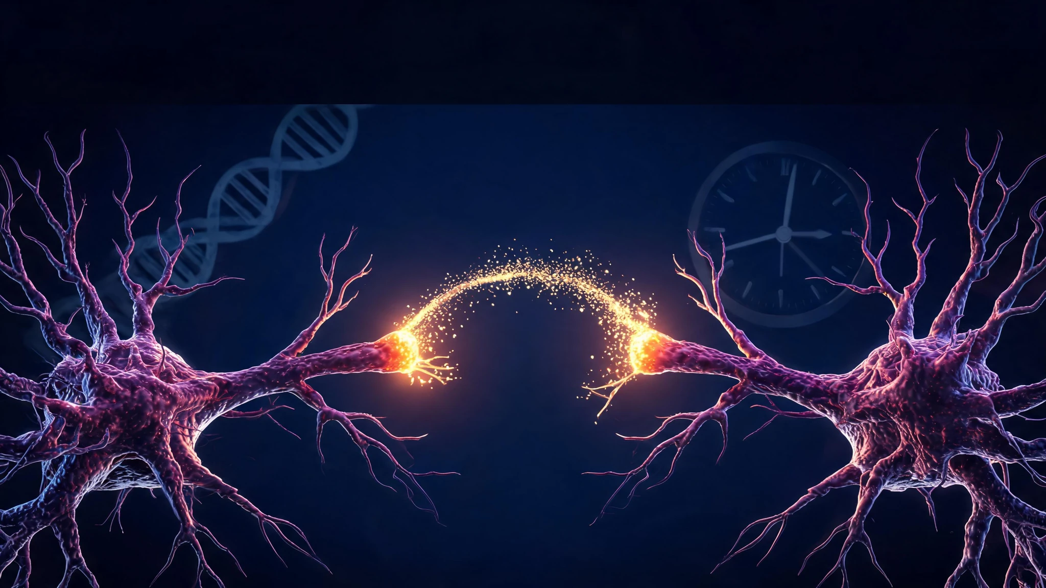 Two highly stylized 3D-rendered neurons rendered in deep magenta and violet with glowing orange-amber synaptic terminals, captured mid-connection as a stream of luminous golden particles arcs between them across a dark navy background. The cells have textured, almost coral-like surfaces with bioluminescent accents, and faint translucent overlays of a DNA double helix and a small clock dial drift in the negative space around them to signal cellular aging research. No text, no watermarks, no human faces. Centered composition with strong negative space at the top and bottom so the image survives a 3:4 portrait crop on mobile