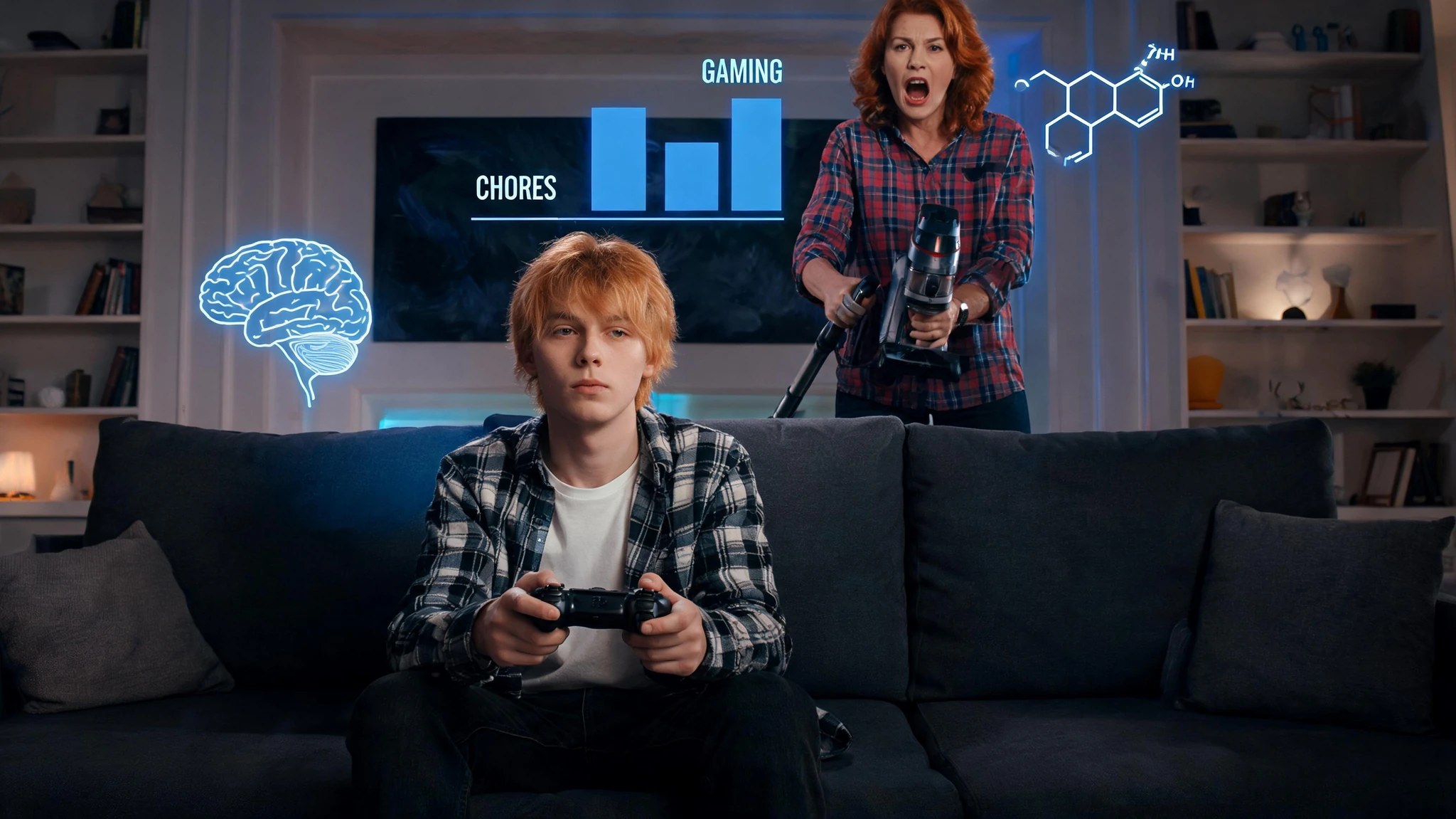 A stylized cinematic split composition. On the left, a Caucasian young man in his early twenties with shaggy strawberry-blond hair, wearing a black-and-white plaid flannel shirt over a white tee and dark jeans, sits on a charcoal-grey sectional couch holding a black game controller, his expression slightly checked out. Behind him stands his mother, a Caucasian woman in her late forties with shoulder-length auburn hair, wearing a red-and-blue plaid button-up shirt and dark jeans, gripping a cordless stick vacuum, mid-shout. The room is a tidy modern American living room with built-in white bookshelves and a large dark abstract painting on the wall. Floating around the scene are subtle glowing blue scientific overlays: a faint household-economics bar chart, a small brain-region diagram near the son, and a soft cortisol molecular structure near the mother. Strip any text or watermark. Centered enough to survive a 3:4 portrait crop