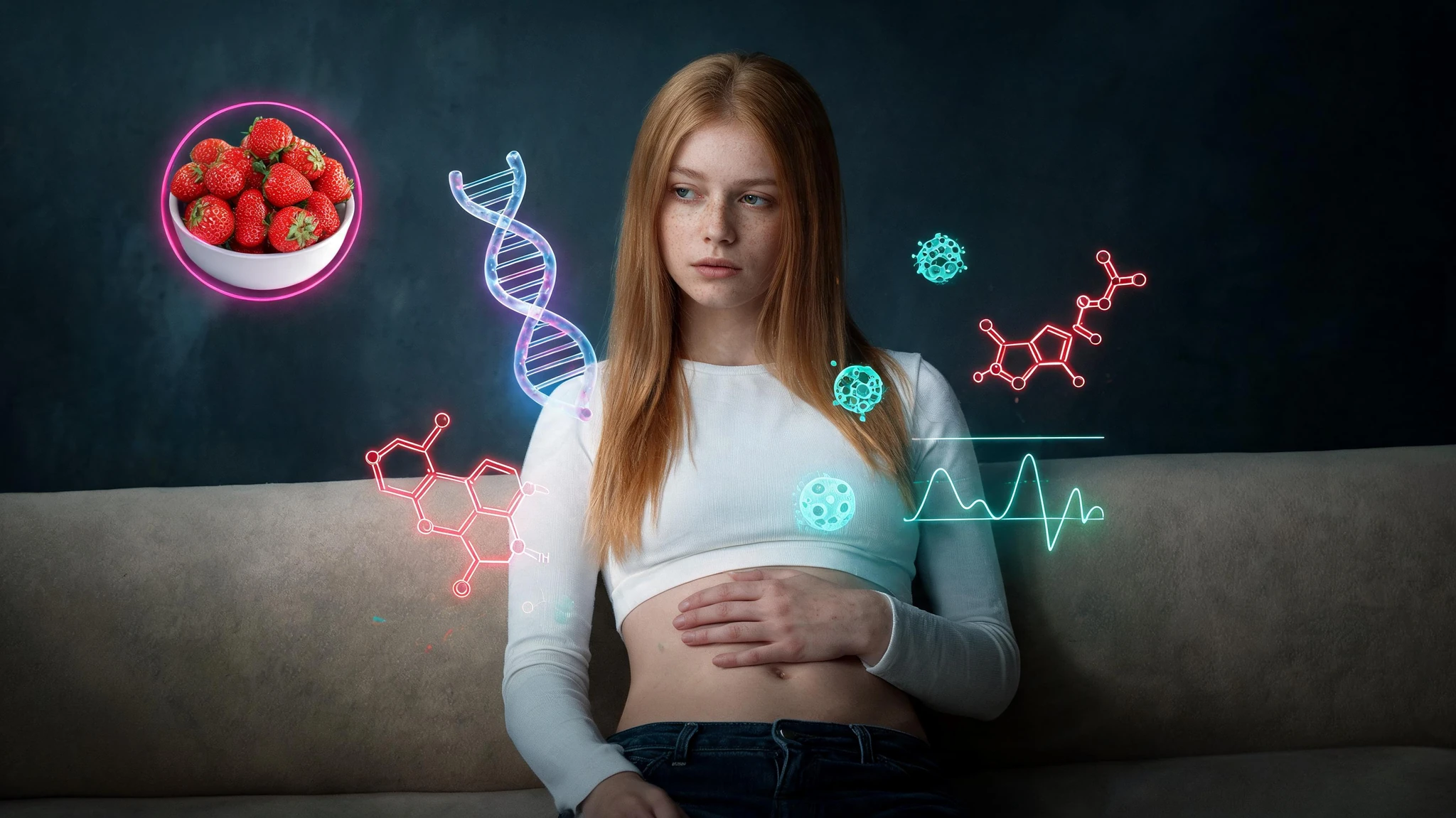 A young Caucasian woman in her early twenties with long straight strawberry-blonde hair, fair freckled skin, no makeup, wearing a fitted white long-sleeved cropped top and dark indigo jeans, seated on a low beige couch, gently resting one hand on her bare midriff. Floating around her in soft glowing overlays: a translucent blue-magenta DNA helix, a glowing red strawberry molecular diagram (anthocyanin/pelargonidin structure), pancreatic beta-cell icons, and a faint glucose curve line graph in cool teal. The original advertised inset bowl of fresh red strawberries hovers in the upper-left corner as a stylized photoreal element with a soft neon-magenta rim light. Background is a moody dark slate gradient with low chiaroscuro instead of the bright white brick of the source. Strip all source text overlays and watermarks. Centered composition that survives a 3:4 portrait crop