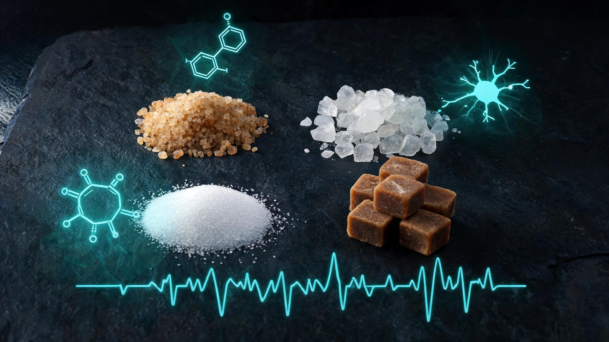 Four small piles of different sugars arranged on a dark slate board: amber-brown raw cane crystals top-left, large clear rock-sugar crystals top-right, fine white granulated sugar bottom-left, and a cluster of brown sugar cubes bottom-right. The slate is matte black with subtle grain. Floating around the piles are softly glowing scientific overlays in a single neon teal accent: a faint serotonin molecule diagram, a translucent neuron firing, a small glucose ring structure, and a thin EEG-style waveform crossing the lower third. No people are present. No text overlays, no watermarks, no logos. Centered composition with the four piles balanced for a 3:4 portrait crop