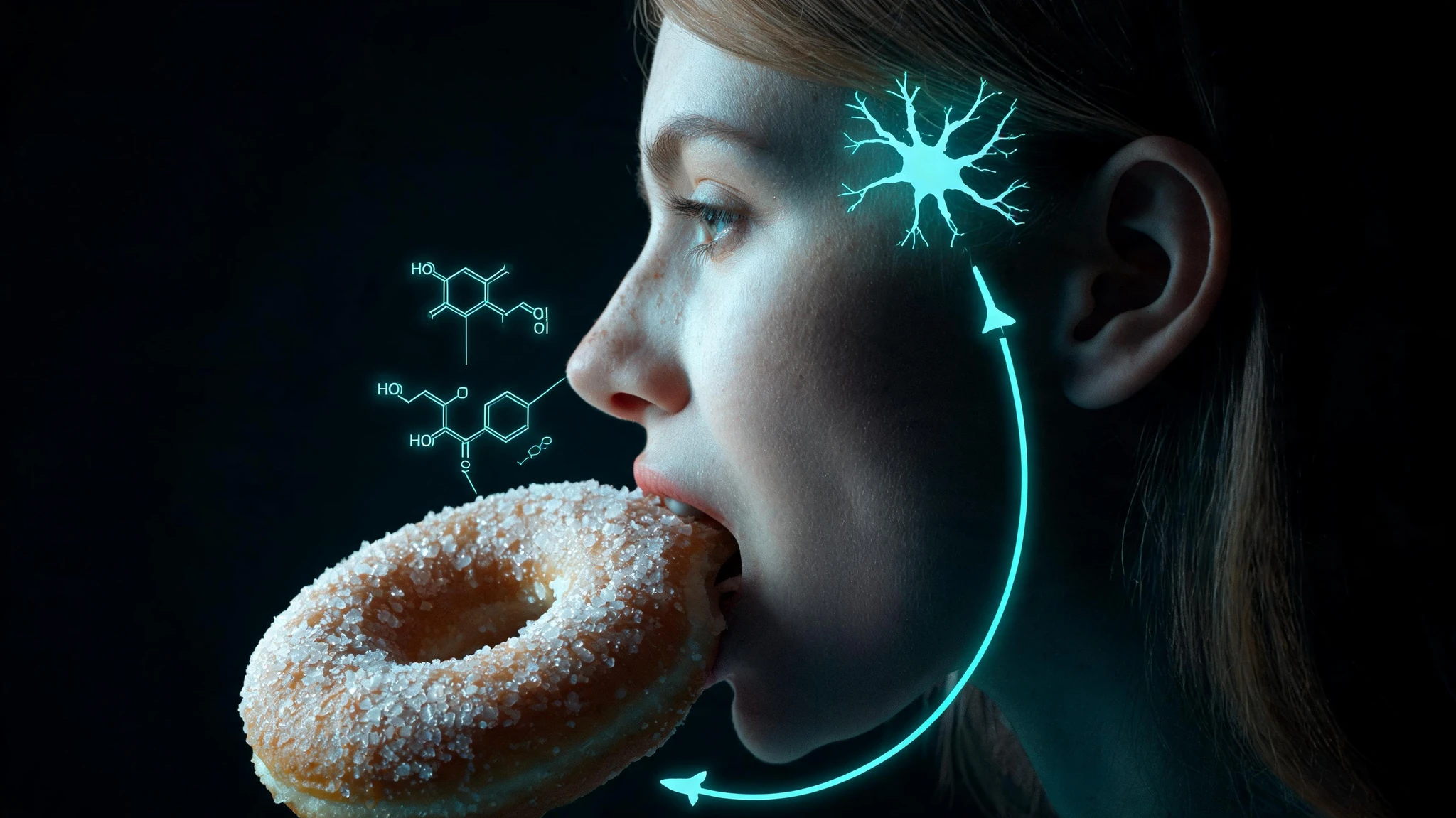 Close-up cinematic side-profile of a young Caucasian woman in her late twenties with fair skin, faint freckles across the bridge of her nose, soft pink lips slightly parted, and light brown hair just visible at the edge of the frame, biting into a glossy ring doughnut covered in coarse white sugar crystals. The doughnut fills the lower-left portion of the composition while her mouth, nose, and chin occupy the upper-right. Around her head and the doughnut, faint glowing scientific overlays float in a teal-blue neon accent against a near-black moody background: a stylized neuron with branching dendrites near her temple, small luminous serotonin and dopamine molecular structures drifting through the air, and a delicate translucent gut-and-brain connecting line drawn as a thin glowing arc. Strip any text, watermark, or caption from the original image but keep the dramatic dark monochrome palette with one neon-teal accent. Centered composition with the face and doughnut placed slightly above center so a 3:4 portrait crop still preserves both