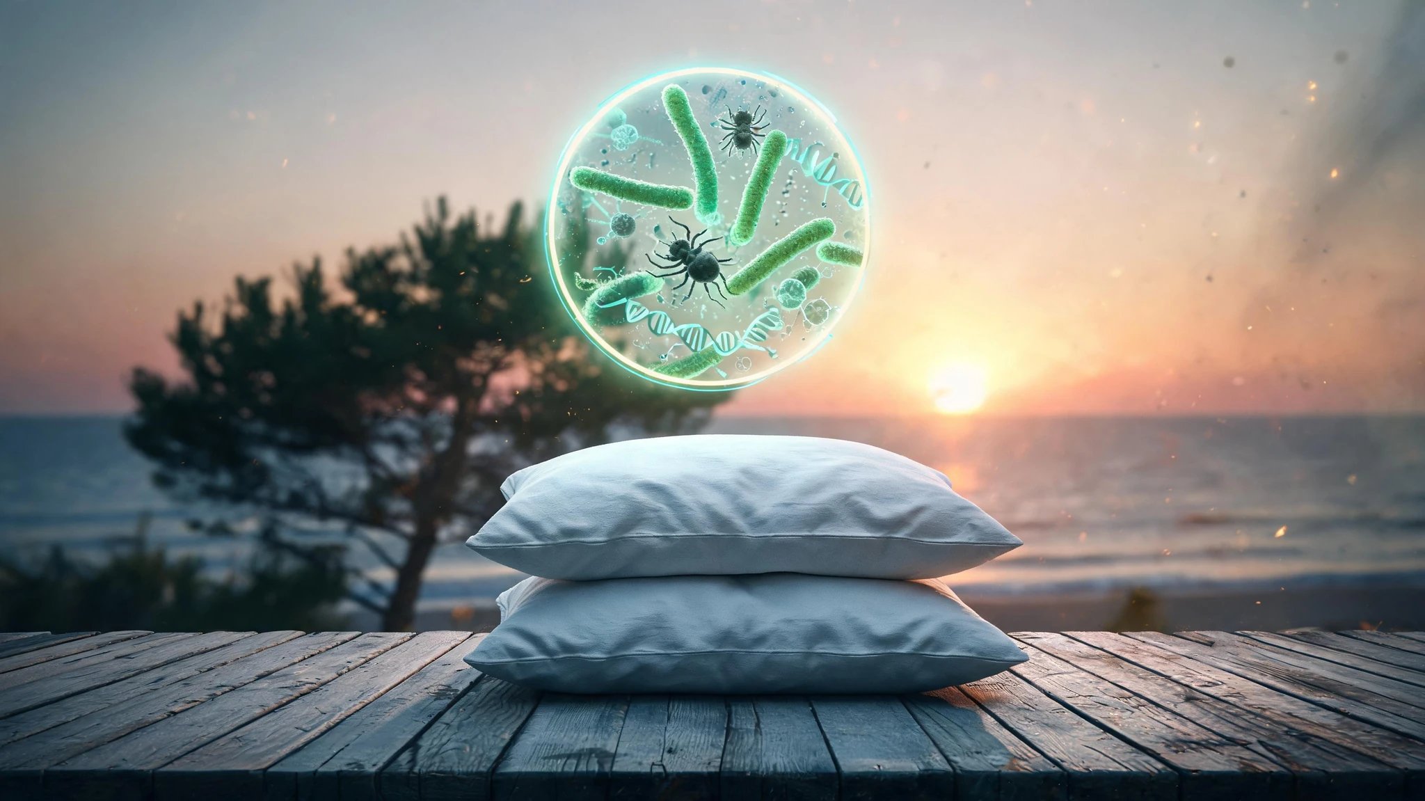 Two stacked white pillows on a weathered wooden deck at coastal sunset, with a Mediterranean pine and a calm ocean horizon softly out of focus in the background. Above the pillows, a large floating circular inset glows with a stylized cinematic rendering of green rod-shaped bacteria and arachnid-like dust mites magnified at microscopic scale, surrounded by faint molecular structures and DNA-helix overlays in teal and amber neon. No people in frame. Strip out any text, watermarks, or icons from the source image; keep the dark cinematic palette with one warm amber accent from the setting sun and one cool teal accent from the bacterial inset. Centered composition that holds together when cropped to 3:4 portrait