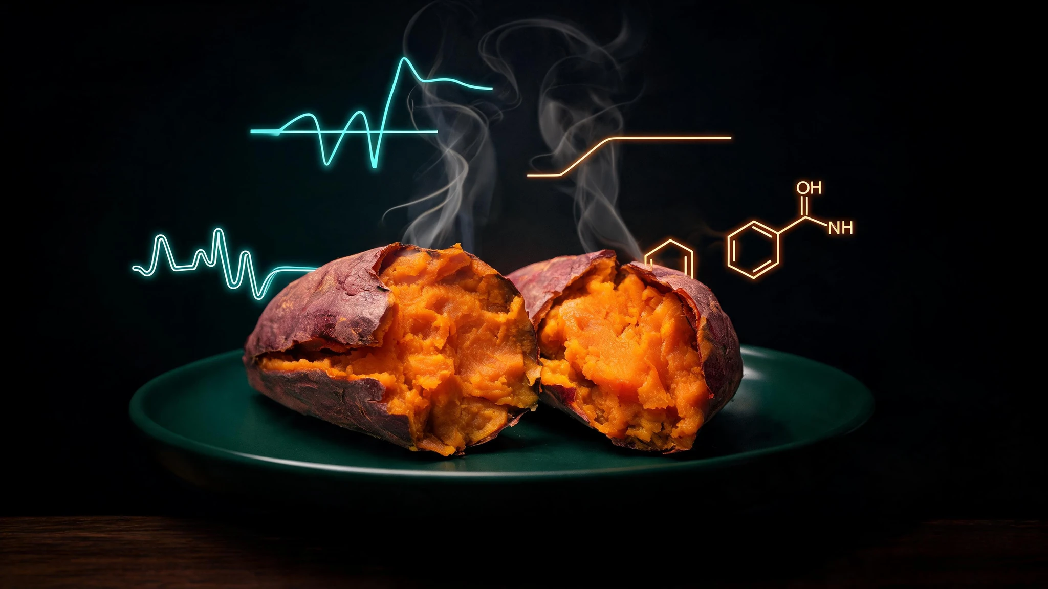 Two halved roasted sweet potatoes resting on a deep matte forest-green ceramic plate, the cracked-open flesh a vivid amber-orange against the deep purple skin, warm steam curling upward from the centers. The composition is centered and tight enough to survive a 3:4 portrait crop, with no people, no text, and no watermarks. Floating around the potatoes are faint translucent scientific overlays in glowing teal and soft amber neon: a sleeping-brain wave pattern, a small molecular structure for tryptophan, and a subtle blood-sugar curve line graph, all rendered as glowing line art that does not crowd the food. Background is a near-black moody studio surface with a hint of dark wood at the edge
