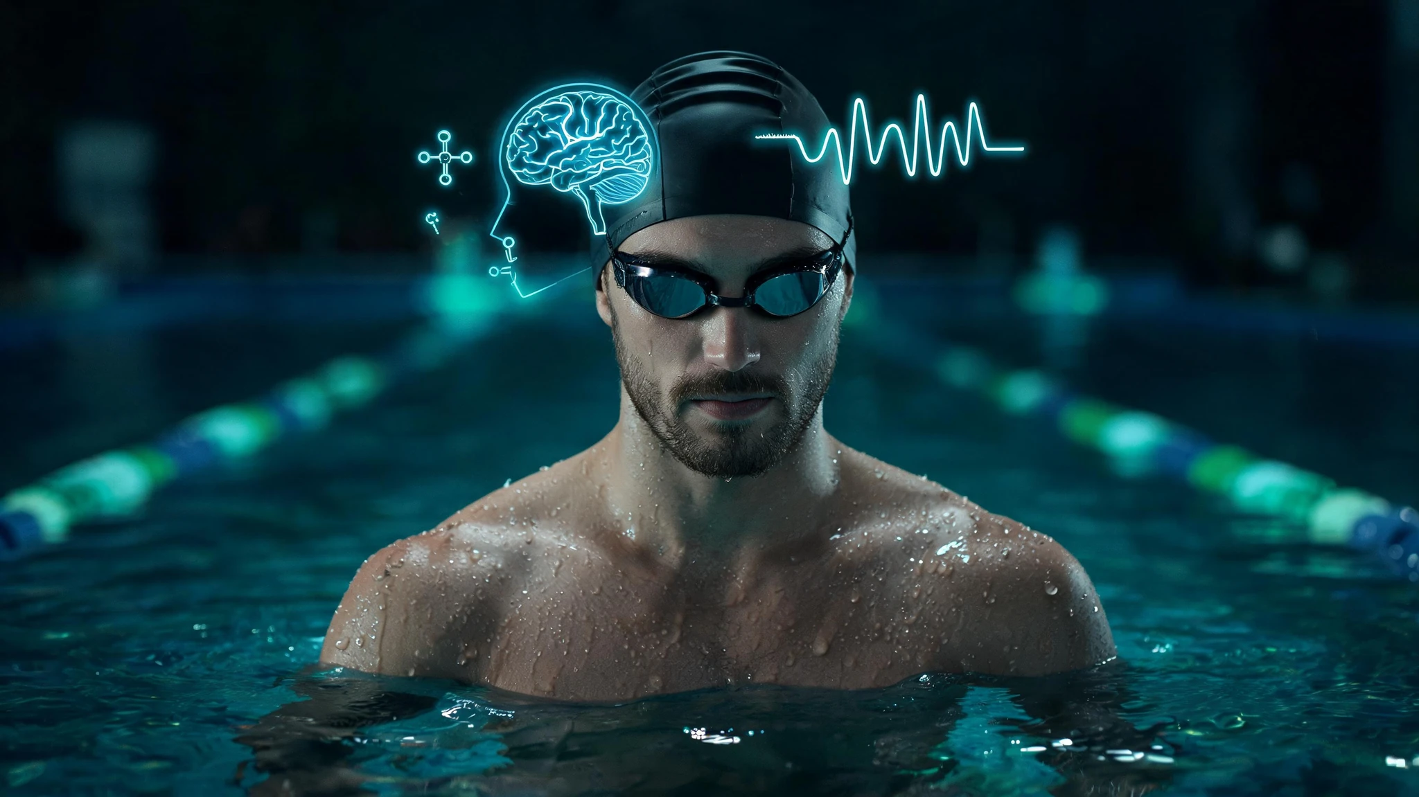 A lean Caucasian man in his late twenties, fair skin with a faint tan, dark brown stubble, wearing a sleek black silicone swim cap and dark mirrored swim goggles, water beading down his bare shoulders and chest as he rises out of a competition lap pool. The pool lanes glow faint teal in the background, blurred. Floating around his head are softly glowing scientific overlays in cyan and blue: a translucent sagittal brain outline with arterial branches highlighted, a small pulsating waveform suggesting blood flow velocity, and a few molecular icons for CO2. Dark moody background, water droplets catching specular highlights. Centered composition, the figure framed from sternum up so it survives a 3:4 portrait crop. No text, no watermarks