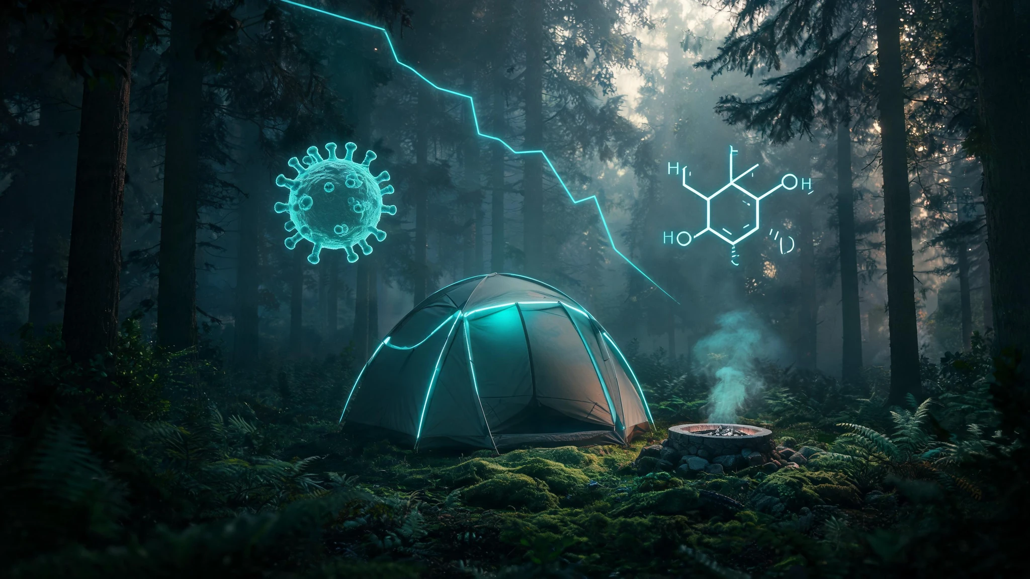 A small modern dome tent set up at a peaceful campsite inside a misty Japanese cedar forest, ground covered in moss and ferns, a small extinguished fire pit beside the tent. Golden-hour sunrise, soft warm sunbeams streaming diagonally through tall straight trunks, faint smoke and morning mist drifting through the trees, sacred peaceful atmosphere