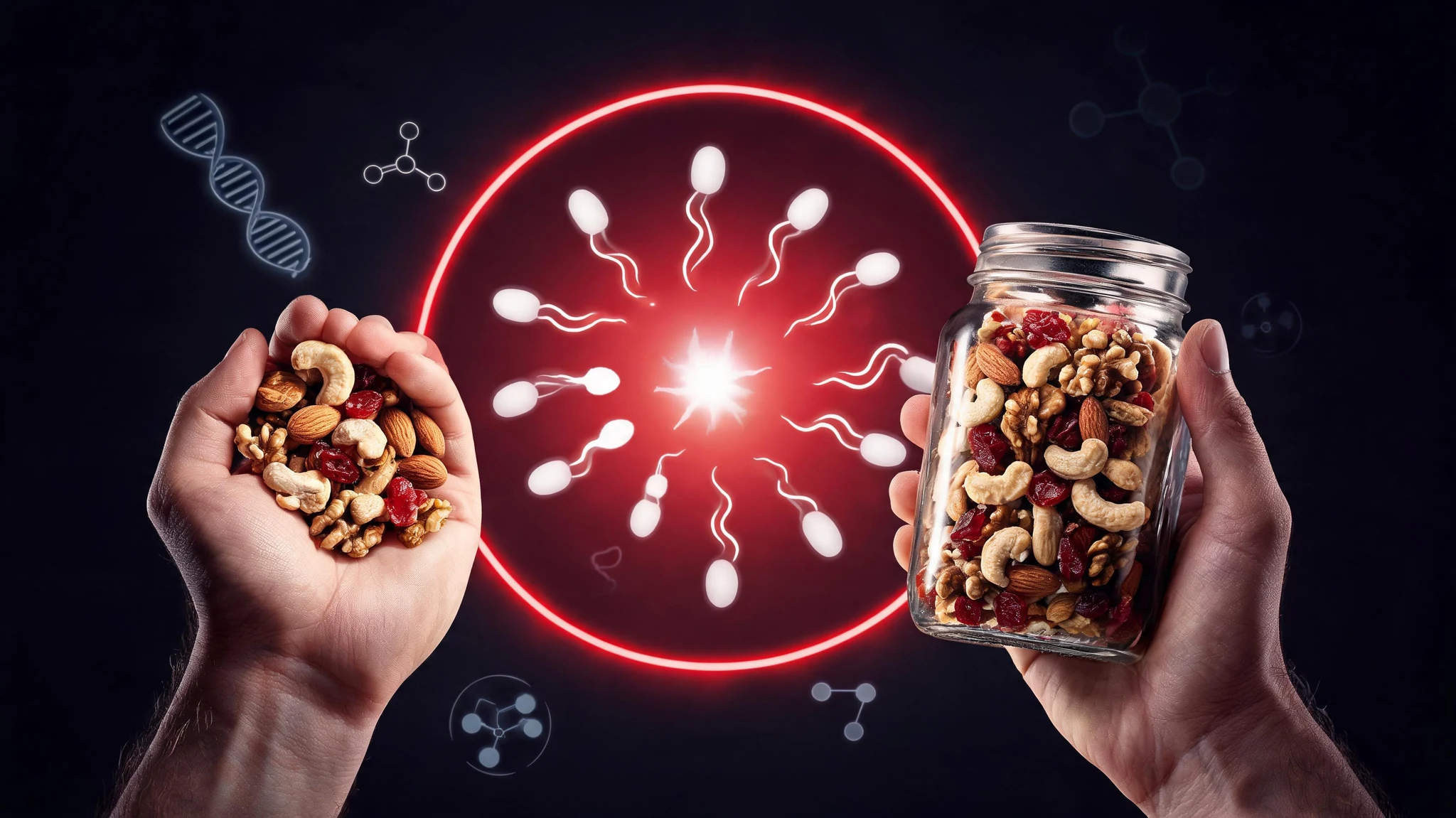 A cinematic split scene set against a dark moody background. On the left, an open Caucasian male hand with light skin and faint hair on the wrist, palm cradling a small pile of mixed almonds, cashews, walnuts, and dried cranberries. On the right, a second Caucasian male hand of similar tone holds a clear glass mason jar filled with the same mixed nuts and dried fruit. Floating above and behind both hands, a glowing deep crimson circular halo contains stylized white sperm cells with elongated tails swimming toward a central glow, rendered as a sciency neon overlay. Faint molecular structures, a subtle DNA helix, and small antioxidant icons drift in the dark space around the subjects. Strip all text overlays and watermarks. Centered composition that survives a 3:4 portrait crop