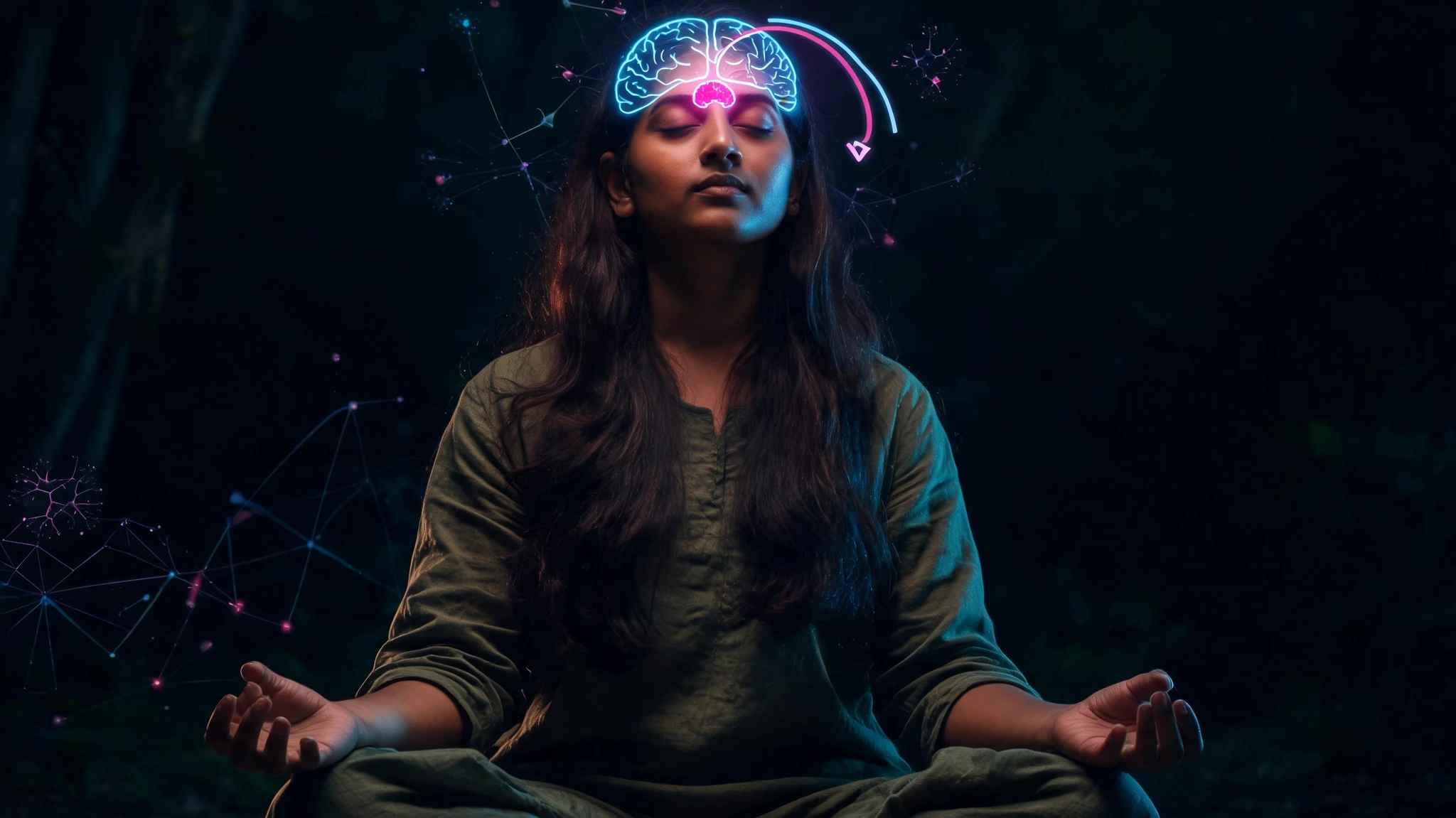 A South Asian woman in her early twenties with long dark wavy hair sits cross-legged on the forest floor in a quiet meditation pose, eyes gently closed and face tilted softly upward toward the dappled sunlight filtering through the trees. She is wearing a relaxed olive-green linen button-up shirt, surrounded by lush green ferns and leafy underbrush, soft golden afternoon light glowing through the canopy behind her. Photorealistic, homemade snapshot aesthetic, shot on a phone camera with slight natural framing imperfection, the subject centered so the image survives a 3:4 portrait crop, no text in the image, no watermarks, no logos
