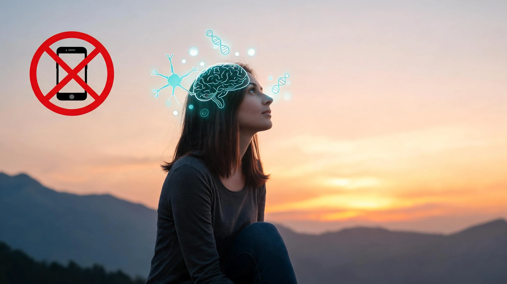 A solo Caucasian woman in her late twenties with shoulder-length dark brown hair, fair skin, and a charcoal long-sleeved shirt with dark jeans, photographed in profile silhouette against a glowing sunrise sky over distant mountain ridges, eyes lifted slightly upward toward warm amber light. Floating around her head are stylized glowing scientific overlays in cool teal and blue: a thin neuron diagram with branching dendrites, a translucent prefrontal cortex outline, a small DNA helix coil, and faint molecular dots, all rendered as soft luminous line-art rather than photographic textures. In the upper left corner sits a clean red prohibition icon containing a silhouette of a smartphone, its diagonal red bar bold against the warm sky. Composition centered on the subject so a 3:4 portrait crop keeps her face, the prohibition icon, and the brain overlay in frame. No text, no watermarks