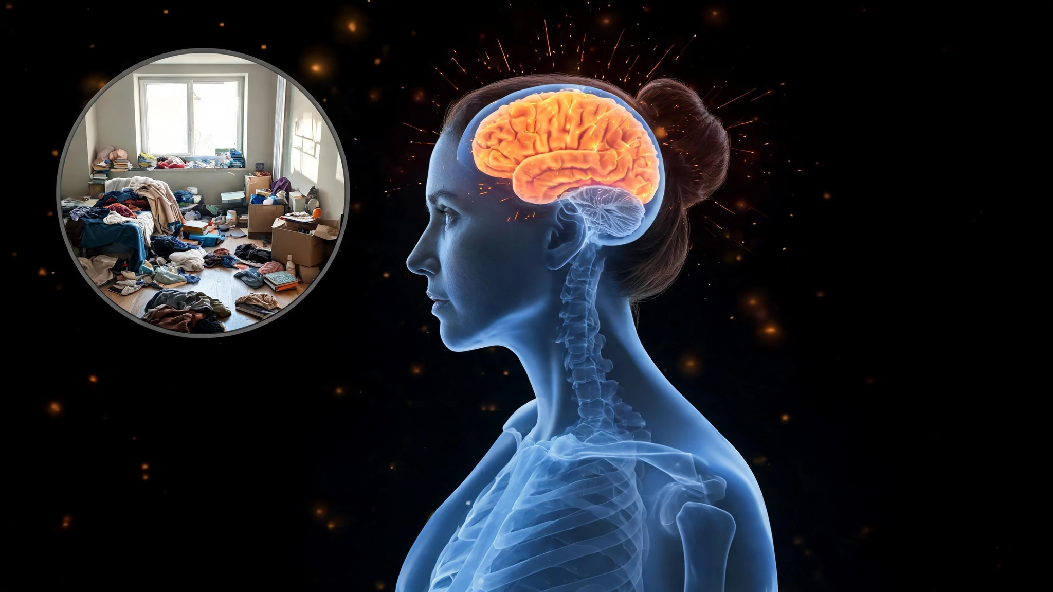 A side-profile silhouette of a Caucasian woman in her mid-30s, fair skin, dark brown hair pulled back, rendered as a translucent blue x-ray style anatomical figure with a glowing orange and amber brain visible inside the skull, neurons firing as bright sparks of light radiating outward from the brain into the dark background. In the upper left corner, a smaller circular inset shows a real photograph of a cluttered bedroom with clothes, boxes, and household items strewn across the floor by a window, photographed in natural daylight. The background is pure black with scattered amber bokeh light points. No text, no watermarks, no logos