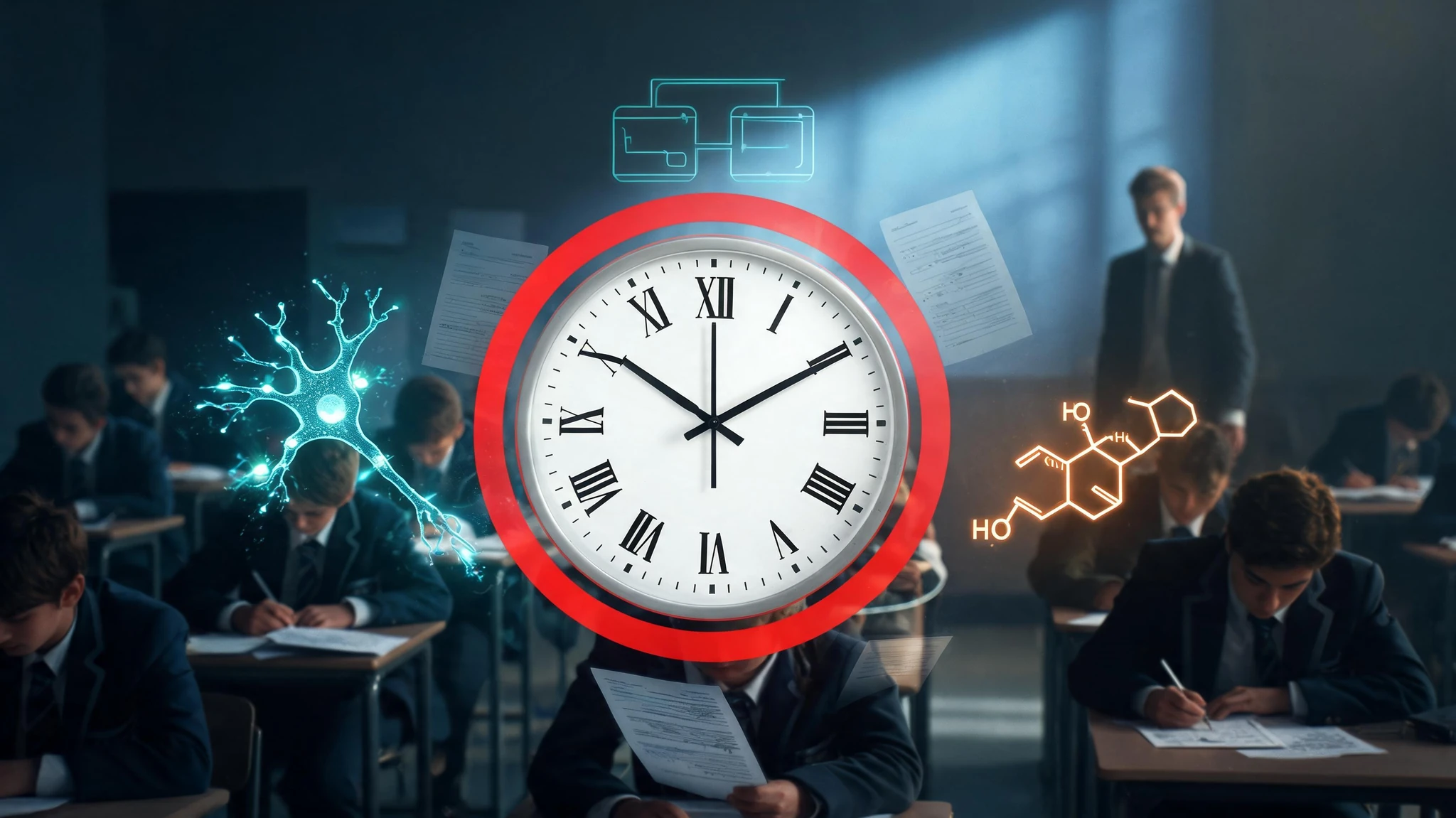 A British secondary-school exam hall reimagined in dark cinematic style. In the foreground, a large round analogue wall clock with classic black hands and roman numerals floats centered, encircled by a thin red prohibition ring (no text). Around the clock, glowing translucent scientific overlays drift in cool teal and warm amber: a faint working-memory diagram, a small cortisol molecular structure, a neuron firing schematic, and floating exam-paper silhouettes. Behind the clock, blurred rows of teenage pupils (mixed white British and South Asian, ages 15 to 17, in dark navy school blazers, short and shoulder-length hair) sit at single desks, heads bent over papers, lit by a single shaft of cold window light. A male teacher with light brown hair, mid-thirties, Caucasian, stands at the back in soft silhouette. No text overlays, no watermarks, centered composition that survives a 3:4 portrait crop