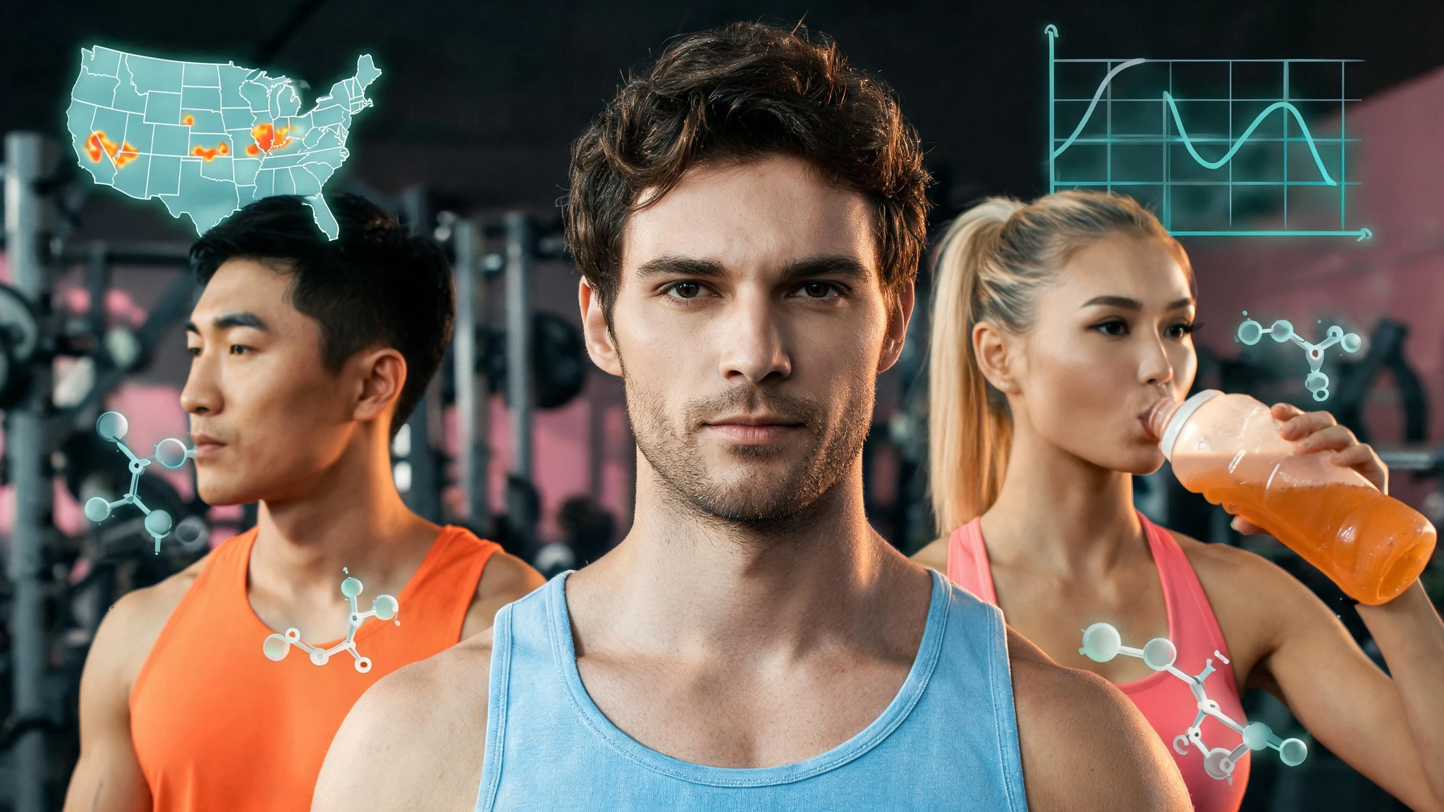 A stylized cinematic gym scene rendered in dark moody chiaroscuro with a cool teal and amber accent palette. Center foreground: a Caucasian man in his late 20s with fair skin, dark brown wavy hair, light stubble, wearing a soft sky-blue cotton tank top, looking calmly into the lens. Behind his left shoulder, a Caucasian woman in her mid-20s with fair skin, blonde ponytail, pink sports bra, sipping from a clear bottle of amber-colored electrolyte drink. Behind his right shoulder, an East Asian man in his late 20s with light olive skin, short black hair, wearing a bright orange tank top, looking off-frame. The background is a softly out-of-focus pink and steel gym with weight racks. Floating around the figures are translucent glowing scientific overlays in pale teal and cyan: a USA outline overlaid with a heatmap, a stylized BMI curve graph, and faint molecular icons of leptin and insulin. No text, no watches, no logos, no Rolex imagery. Composition is centered and survives a 3:4 portrait crop with all three faces visible