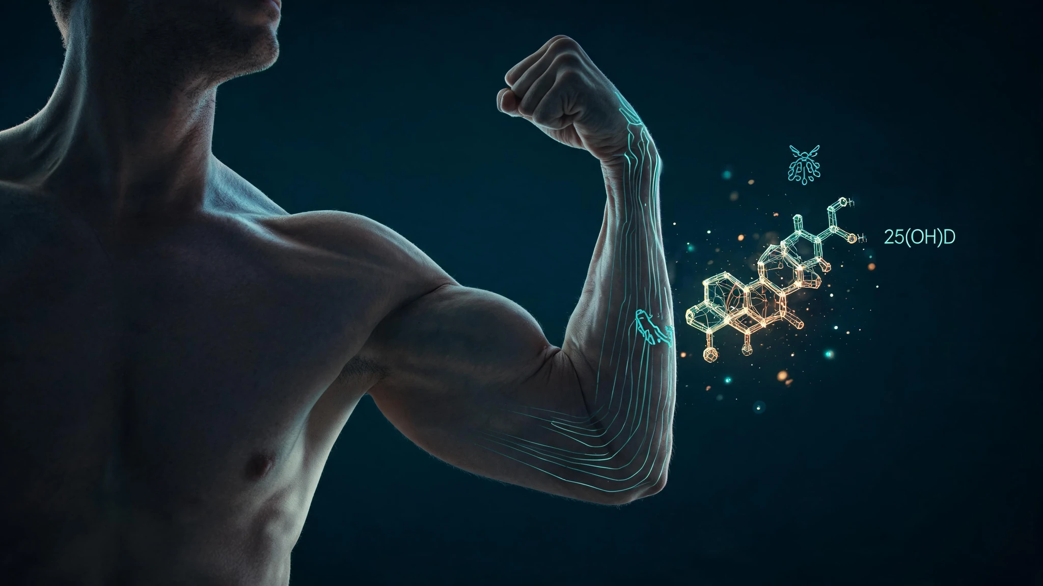 A muscular Caucasian man's flexed right arm and shoulder fills the left side of the frame, photographed from waist up against a deep navy-teal void background. He is shirtless, mid-30s, with light tanned skin, defined biceps and forearm veins, head cropped above the chin to keep focus on the bicep peak. Floating to the right of the bicep is a glowing 3D molecular diagram of cholecalciferol (vitamin D3) rendered in luminous teal and amber wireframe lines, with small orbiting particles of light. Subtle anatomical overlay lines trace the bicep's muscle-fiber direction in faint cyan, and ghosted scientific annotations (a tiny VDR receptor icon, a 25(OH)D molecule glyph) drift in the dark space. Strip all text overlays and watermarks but keep the cinematic dark-mode aesthetic. Centered enough to survive a 3:4 portrait crop
