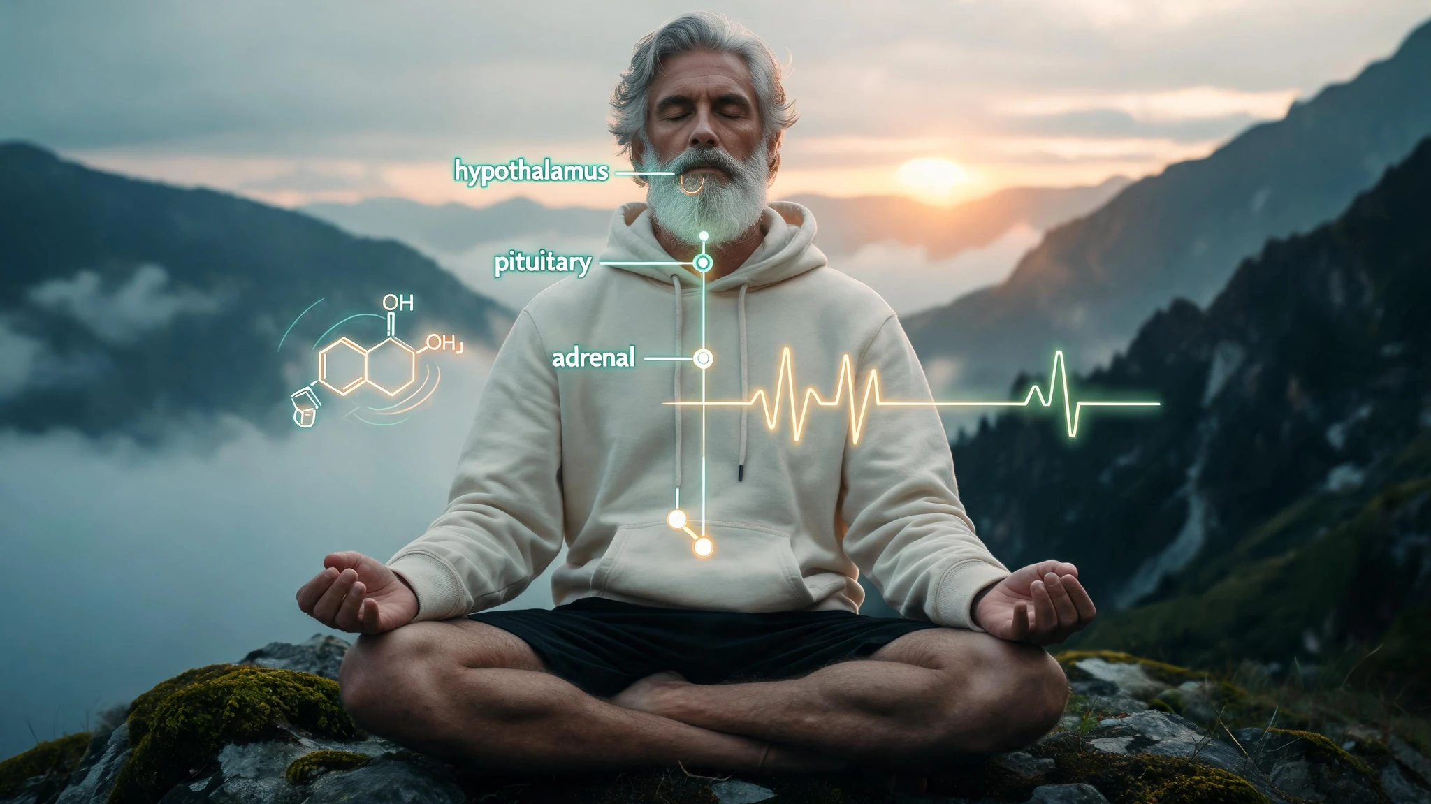 A bearded Caucasian man in his late fifties with grey-and-white hair and a full white beard, eyes closed in lotus meditation pose on a mossy mountain ridge at sunrise. He wears a soft cream hooded sweatshirt and dark shorts, hands resting on his knees. Around his head and chest, glowing translucent overlays float in deep teal and amber neon: a stylized HPA-axis diagram with a labeled hypothalamus, pituitary, and adrenal gland connected by thin luminous lines, plus a faint cortisol molecule structure and a subtle EKG waveform across his chest. The mountain valley behind him is rendered in dark cinematic monochrome with one warm sunrise lens flare on the horizon, mist curling between the ridges. Strip all source-image text, watermarks, and logo overlays. Centered composition that survives a 3:4 portrait crop