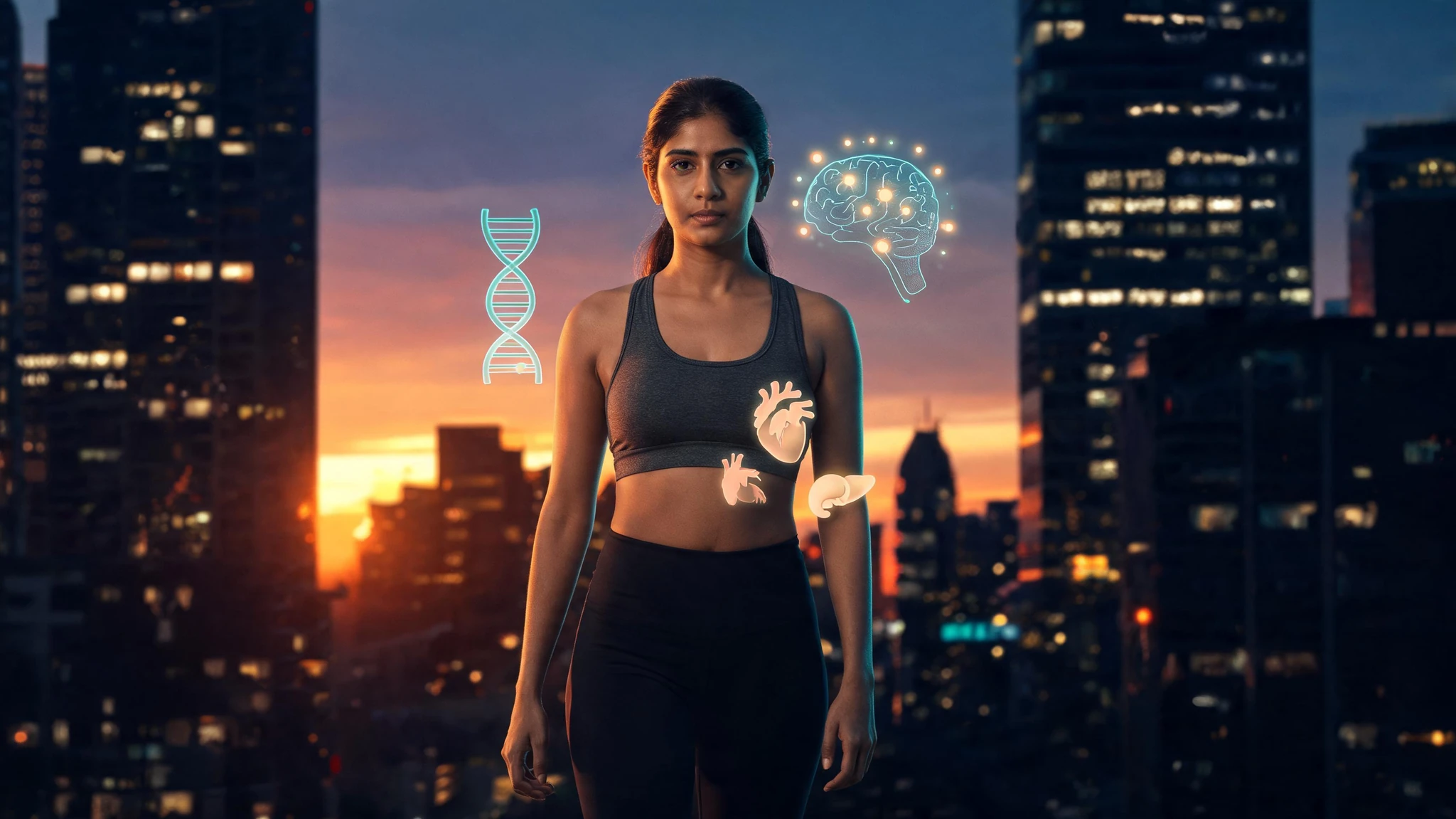 A young South Asian woman in her late twenties with medium-tan skin, dark brown hair pulled into a low ponytail, wearing a charcoal grey sports bra and black high-waist leggings, walking confidently toward the camera through a stylized urban corridor. Around her, glowing teal and amber neon overlays float in mid-air: a faint silhouette of a brain with pulsing neurons on her left, a translucent DNA helix on her right, and soft anatomical icons of a heart and pancreas drifting near her midsection. Background is a dark cinematic city skyline at dusk with backlit buildings and a warm orange sunset glow on the horizon. No text, no watermark, no logo. Centered composition that holds up in a 3:4 portrait crop, subject from knees up