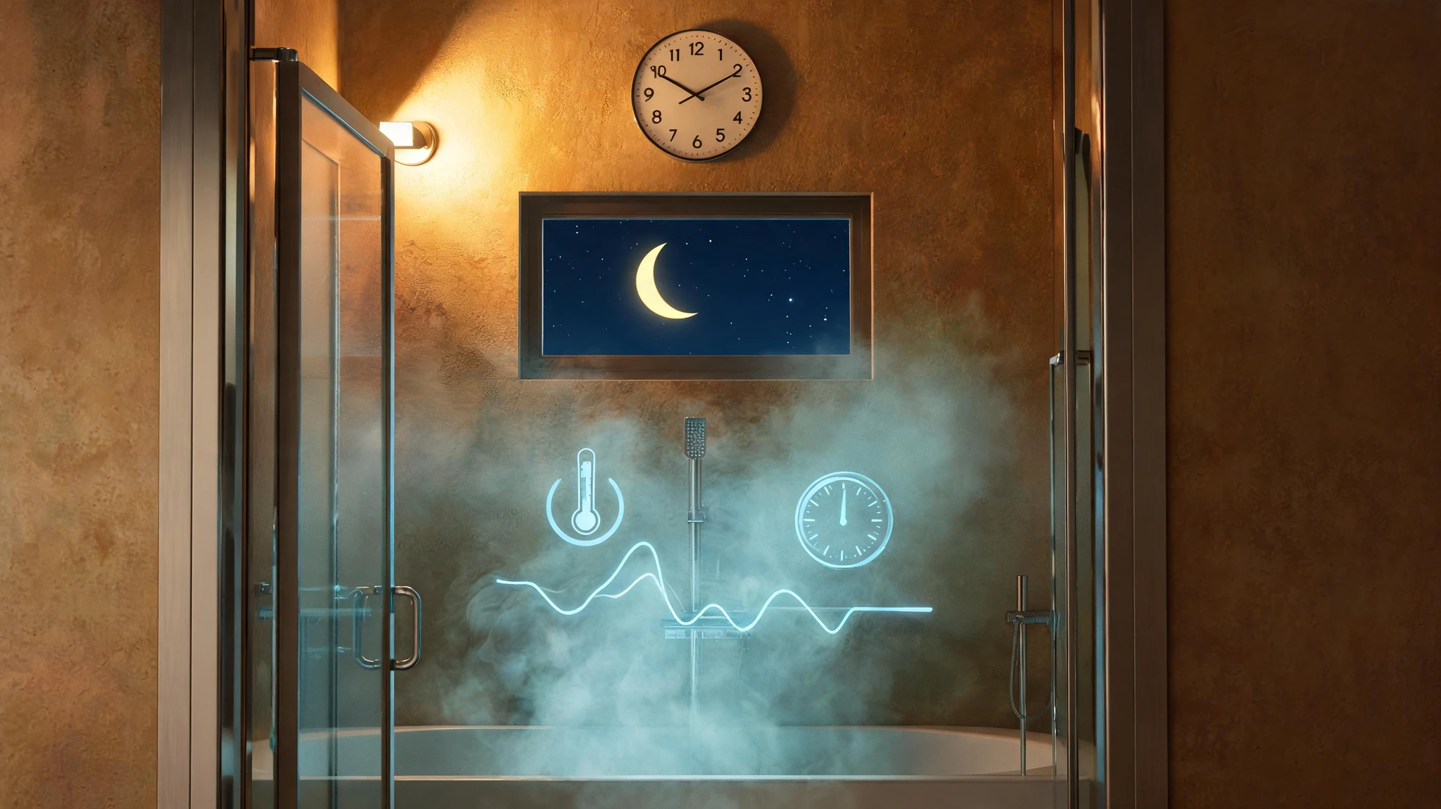 A cinematic, dimly lit modern bathroom viewed from outside an open glass shower door. Warm amber wall-sconce light pools across a textured ochre plaster wall, a round analog clock reads roughly 9:50, and a small window above the shower frames a deep navy night sky with a glowing crescent moon and faint stars. Soft steam curls upward from the shower stall in cool teal-tinted wisps. Floating subtly around the steam are glowing scientific overlays: a translucent thermoregulation icon, a stylized circadian-clock dial, and a faint waveform suggesting core body temperature dropping. No people in frame. Strip any text overlays and watermarks. Centered, vertical-friendly composition that survives a 3:4 portrait crop