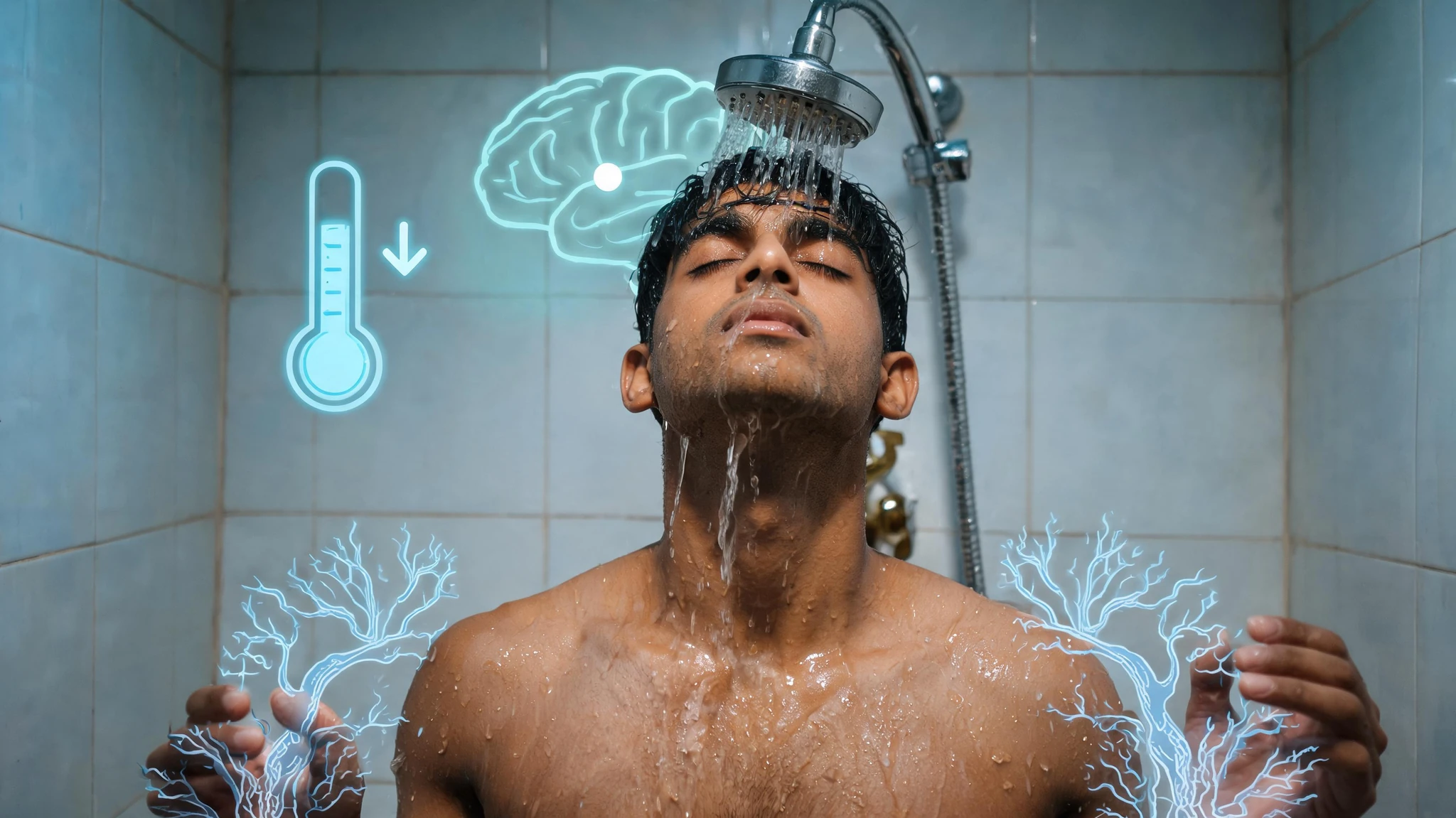 A South Asian man in his early twenties with medium-brown skin, short wet black hair, and dark brown eyes, eyes closed and head tilted back as warm water from a chrome handheld showerhead streams over his face and shoulders. He stands shirtless in a small home bathroom with off-white tiled walls. Floating around him in a low-key cinematic palette are glowing scientific overlays, a faint blue thermometer graphic showing core temperature dropping, a soft teal silhouette of a brain with a small pineal-gland marker, and translucent line-art icons of blood vessels dilating in hands and feet. The mood is moody, sciency, and quietly hopeful. Strip any text overlays and watermarks. Centered composition that survives a 3:4 portrait crop