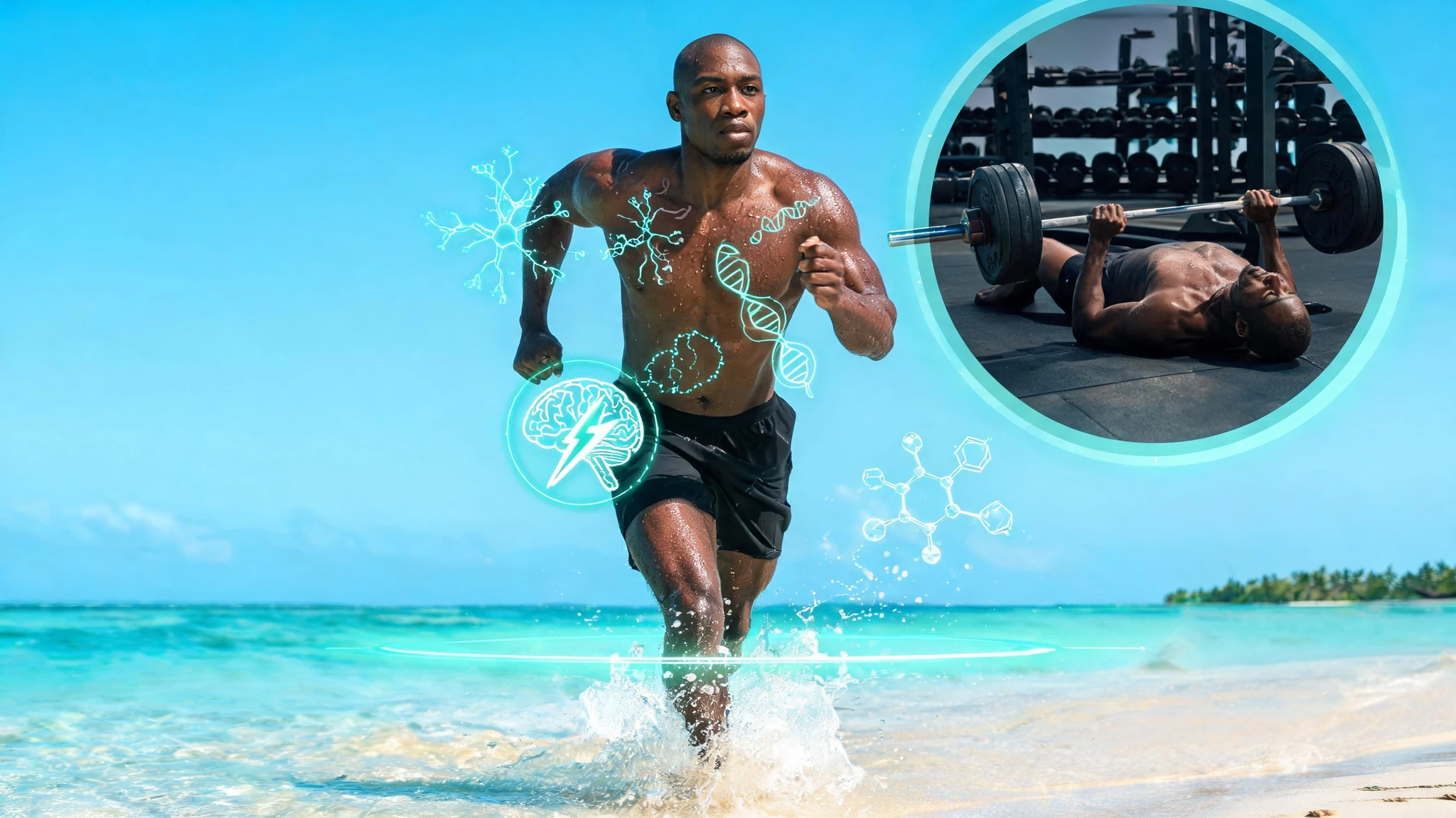 A lean, athletic Black man in his early thirties, deep brown skin, shaved head, beads of sweat across his bare chest and shoulders, wearing black athletic shorts, mid-stride running through shallow turquoise ocean water on a tropical beach with a clear blue sky behind him, water spraying around his calves. A smaller circular inset in the upper right shows the same man on a black gym mat doing a barbell floor press, gripping a loaded barbell over his chest in a weight-room setting with racks behind him. Stylized cinematic palette with one neon teal accent on the water and a soft teal-blue underline beneath the figure, plus subtle glowing scientific overlays floating around him: a small luminous brain icon with a lightning bolt at hip-level, faint translucent neuron diagrams and DNA helix wisps in the air around his torso, and a faint molecular structure near the inset. Strip out any text or watermarks but keep the dramatic, almost sciency motivational poster look. Centered composition that survives a 3:4 portrait crop