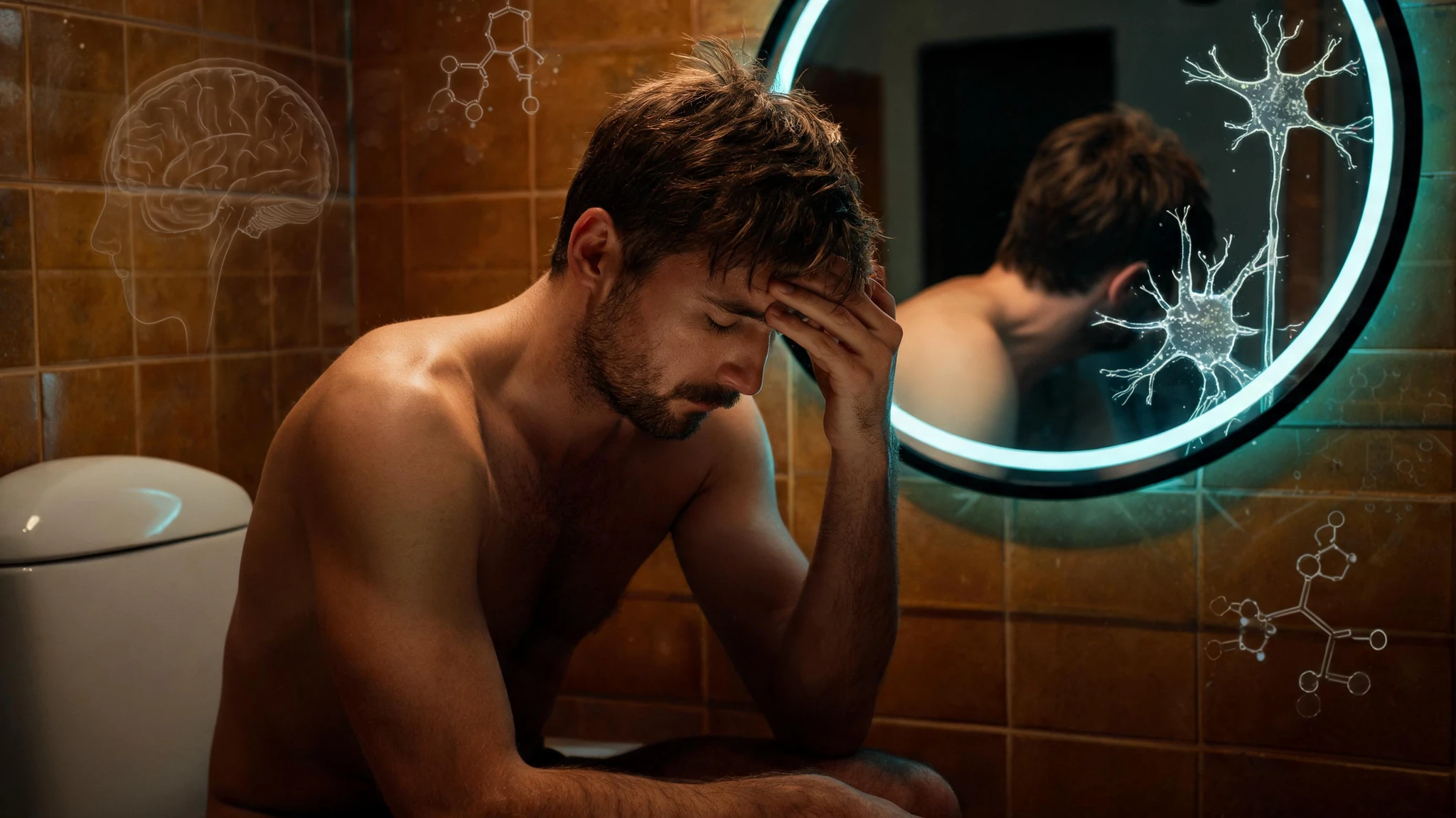 A Caucasian man in his early thirties with light olive skin, tousled medium-brown hair, and a short dark beard sits shirtless on the closed lid of a toilet in a softly lit bathroom. He is leaning forward with one hand pressed against his forehead, eyes closed, in a posture of quiet exhaustion. Warm amber wall tiles fill the background, with a round black-framed mirror to his right reflecting the back of his head and the doorway behind him. The framing is centered and intimate, surviving a 3:4 portrait crop. Apply a stylized cinematic look: dark moody palette with a single cool teal-blue neon accent rim-lighting the mirror and the man's shoulder, and faint glowing scientific overlays drifting in the background, including a translucent neuron diagram, a softly pulsing brain silhouette, and small molecular cortisol structures, suggesting the neuroscience of solitude. Strip all text overlays, watermarks, and logos but keep the moody, contemplative styling