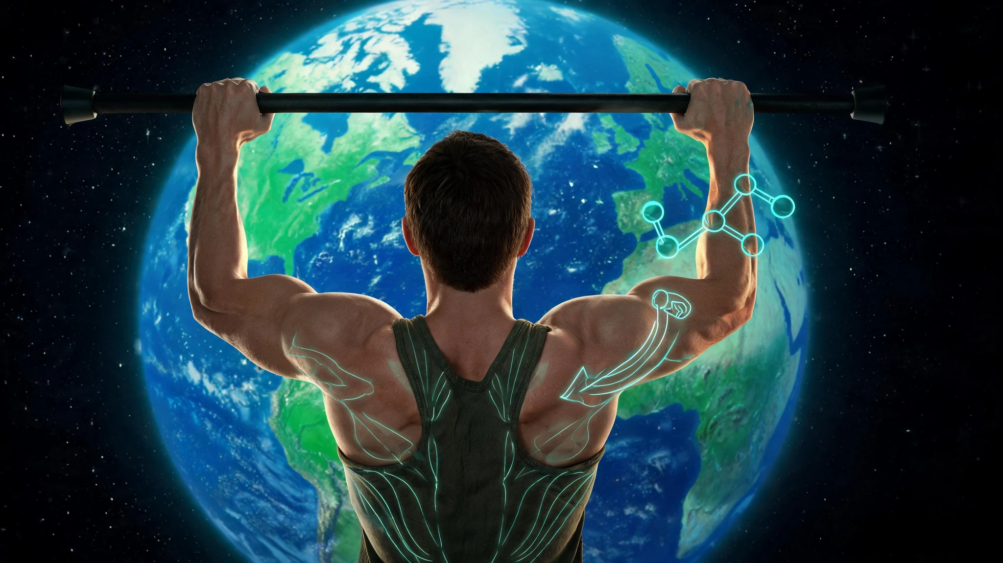 A muscular Caucasian man in his late twenties, short dark brown hair, tanned olive skin, lean V-shaped back with visible latissimus and deltoid definition, wearing a dark olive sleeveless tank top, viewed from behind as he hangs from a straight black pull-up bar at the top of a strict pull-up. Behind him a giant glowing rendering of planet Earth fills the frame with deep cobalt-blue oceans and luminous green continents, set against a black starfield. Floating around the bar and his shoulders are subtle glowing teal scientific overlays: a faint anatomical diagram of the latissimus dorsi, a stylized molecular bond chain near his forearm, a small icon of a flexed bicep with a glowing arrow indicating force vectors. Strip all original text overlays and watermarks. Centered composition with the man's torso and the bar on the vertical midline so a 3:4 portrait crop preserves head, hands, and bar