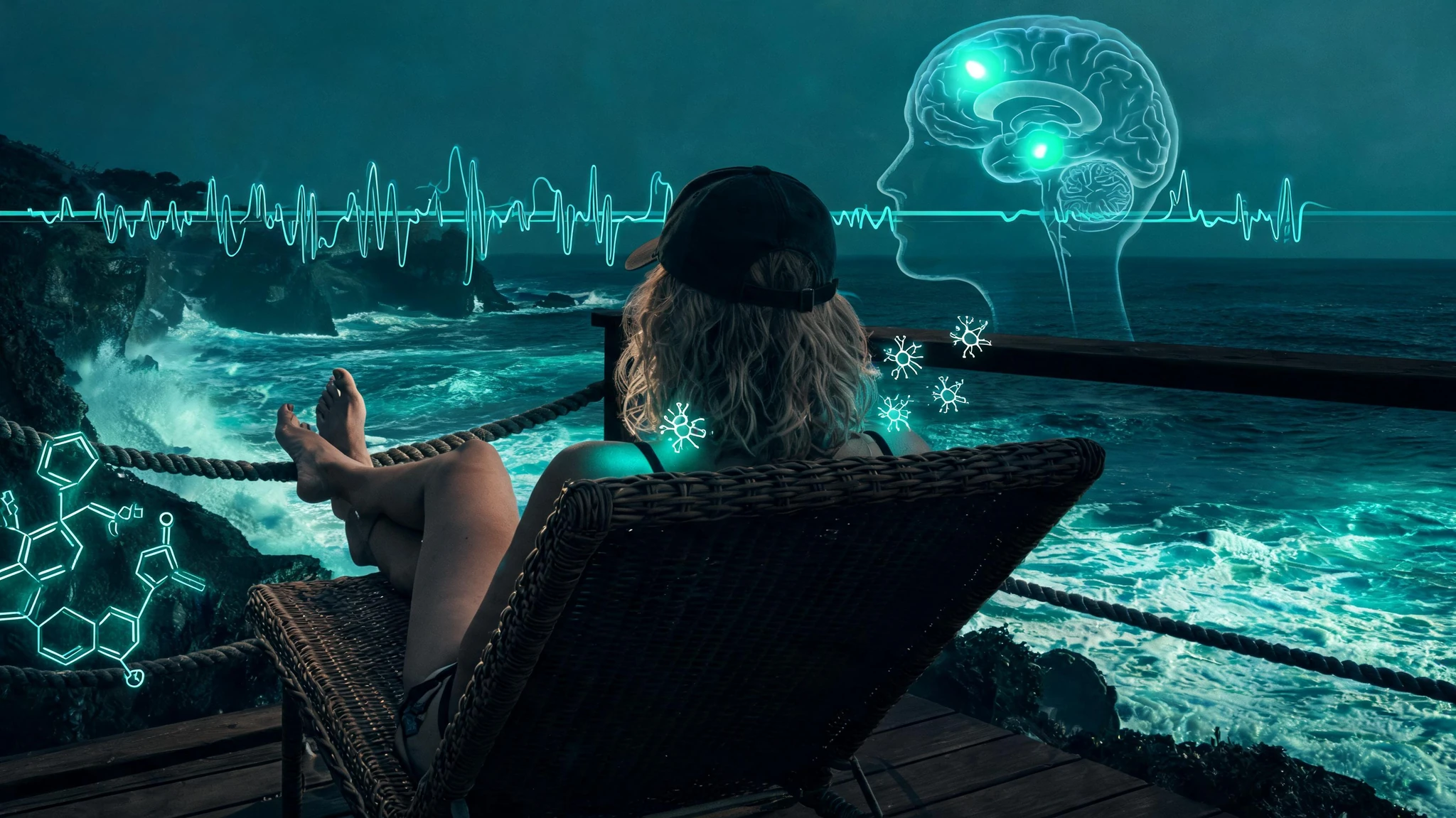 A Caucasian woman in her thirties with curly blonde shoulder-length hair, wearing a blue baseball cap and a yellow swimsuit, relaxes on a wicker lounge chair on a wooden balcony, seen from behind and slightly to the side, gazing out at a vivid turquoise ocean with rolling white-capped waves under a partly cloudy sky. A rope-and-wood railing frames the foreground and tropical greenery peeks in from the right. Photorealistic, homemade snapshot aesthetic shot on a phone camera with casual framing, the subject centered so the image survives a 3:4 portrait crop, no text in the image, no watermarks, no logos