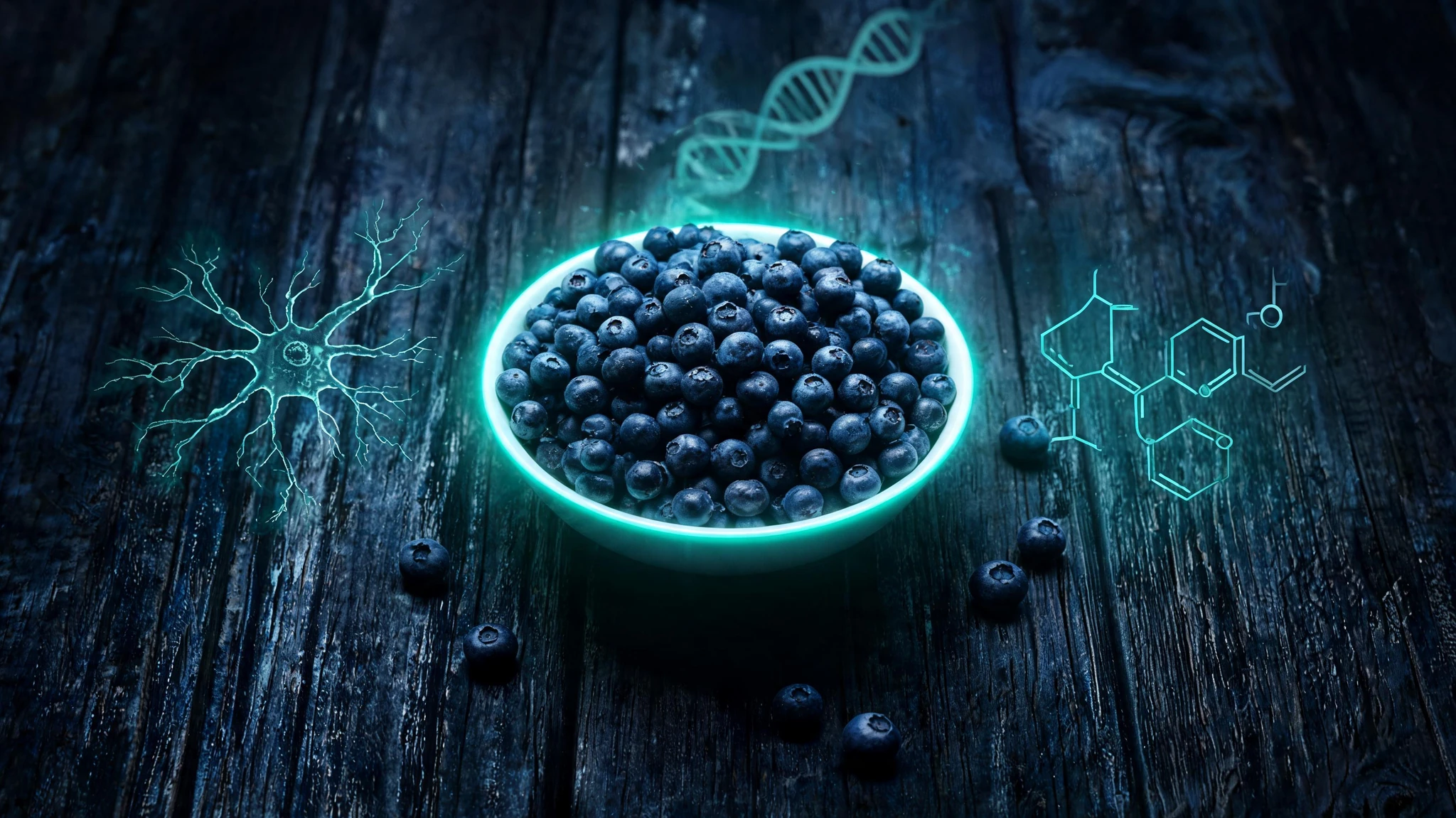 A rustic dark wood tabletop shot from above with a small white ceramic bowl piled high with deep indigo wild blueberries, a few berries scattered around the bowl on the wood grain. The scene is restyled into a dramatic dark cinematic palette: near-monochrome blues and charcoals with one neon teal accent glowing along the rim of the bowl. Faint glowing scientific overlays float around the bowl, including a translucent neuron diagram, a pale anthocyanin molecular structure ring, and a soft DNA helix curl in the background. No people in this image. All text overlays and watermarks removed