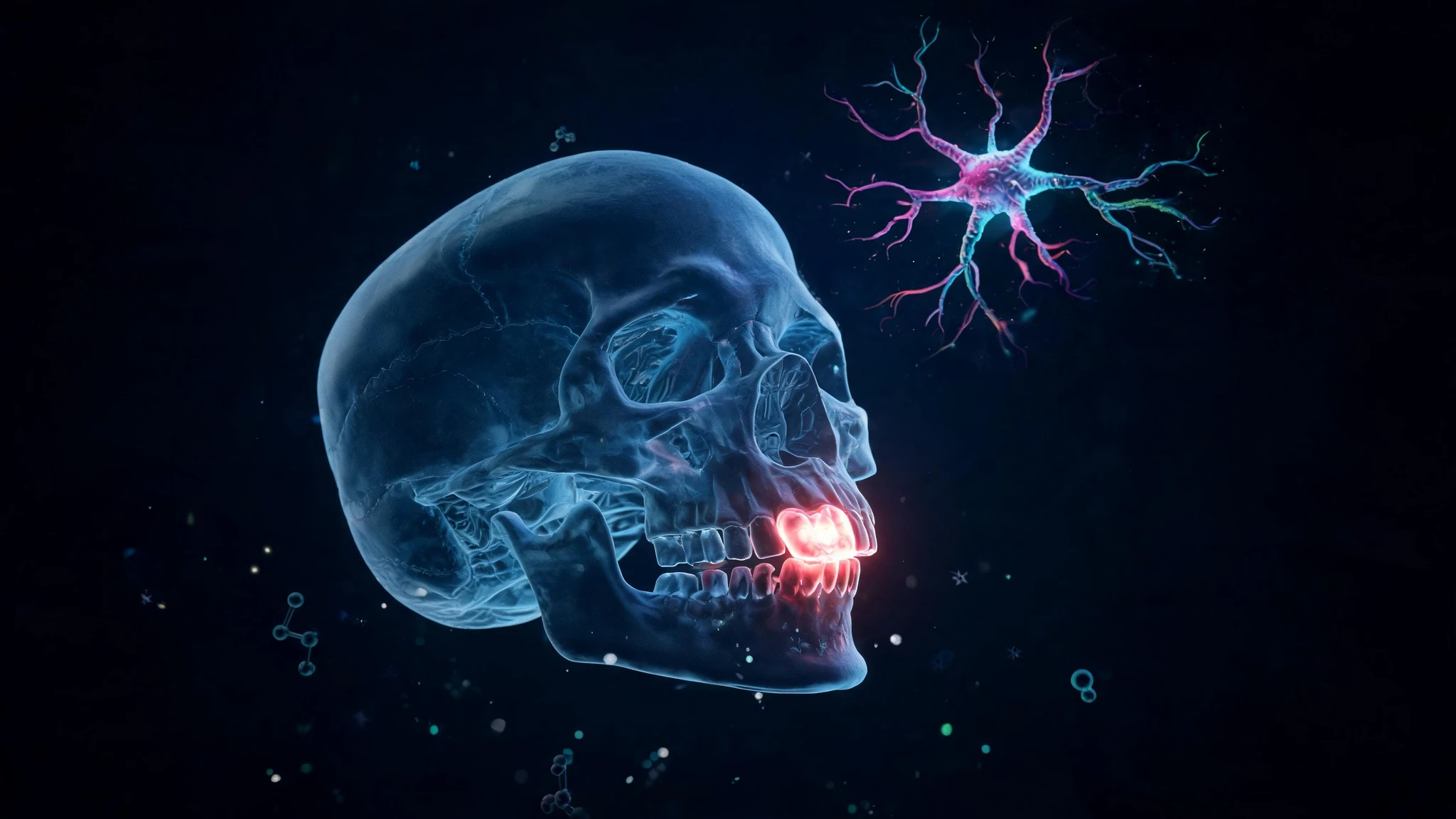 A semi-transparent human skull rendered in cool ice-blue tones, viewed in three-quarter profile, with one molar in the lower jaw glowing warm pink and red against the otherwise cold palette. Floating in the upper right is a glowing magenta and teal neuron with branching dendrites, rendered as a luminous scientific overlay against a dark navy background. Soft particles of light and faint molecular shapes drift across the scene. No text overlays, no watermarks, no logos