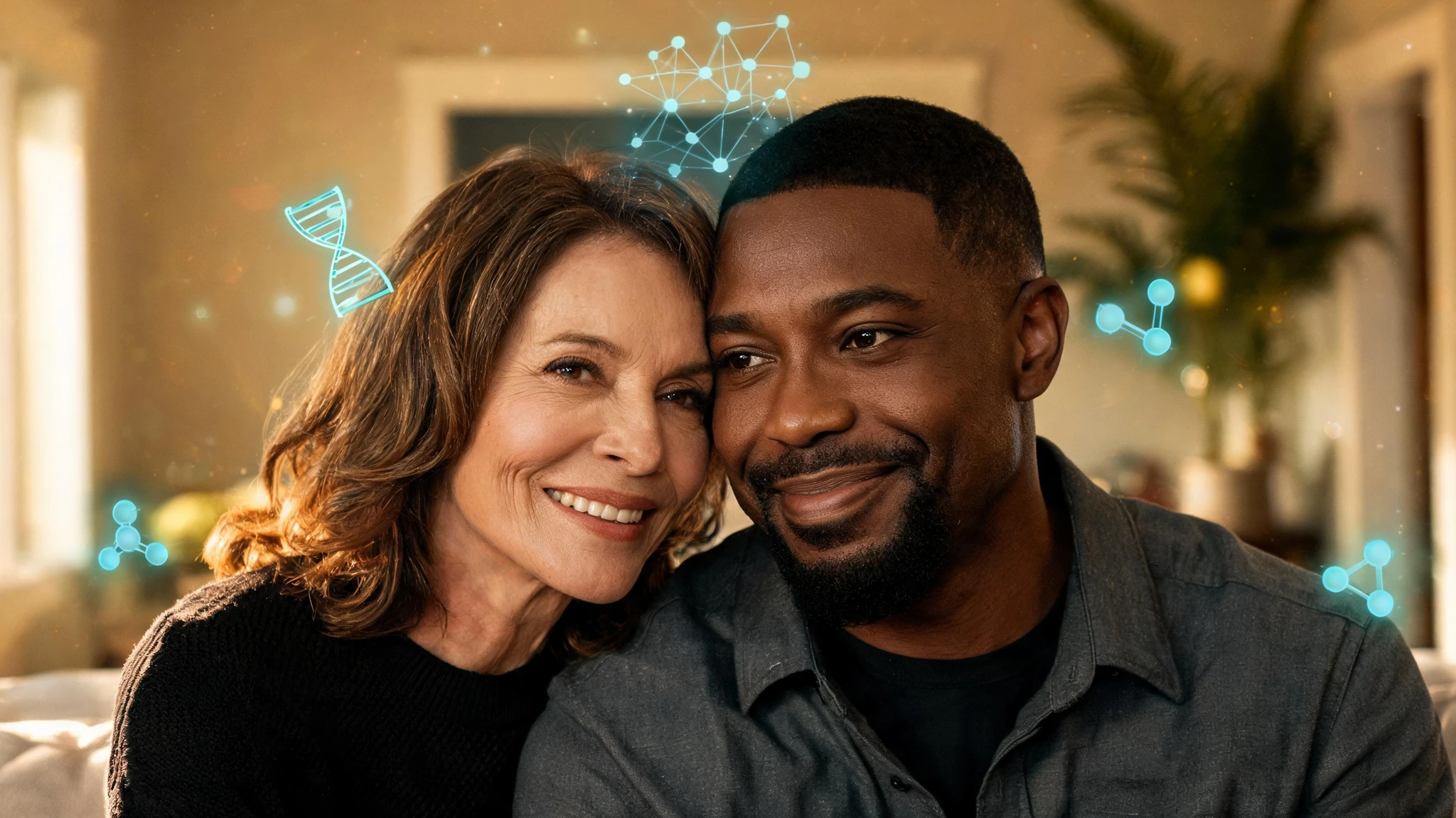 A warm, close-up portrait of a smiling mixed-race couple standing cheek to cheek inside a sunlit living room. The woman on the left is Caucasian, approximately 48 to 52 years old, with shoulder-length wavy chestnut-brown hair, fair skin with light natural makeup, soft laugh lines around her eyes, wearing a black knit top. The man on the right is Black, approximately 32 to 36 years old, with closely cropped dark hair, a trimmed beard, warm medium-brown skin, wearing a charcoal-grey button-down shirt over a darker tee. Behind them is a softly blurred home interior with a doorway, a tall potted palm to the right, and warm beige walls. Around the couple, faint glowing teal scientific overlays float in the foreground: a small DNA double helix near the woman's temple, a translucent neural network diagram between their heads, and a few molecular icons in the lower corners. No text, no logos, no watermarks. Centered composition that survives a 3:4 portrait crop
