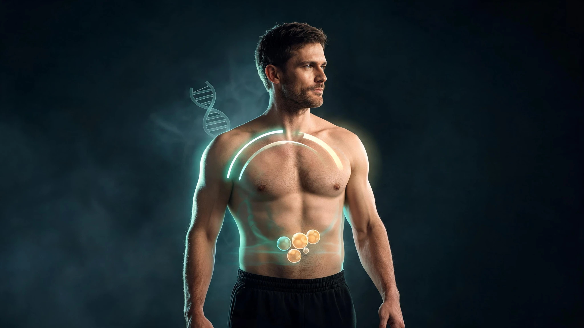 A single fit but not shredded Caucasian man in his early 30s, light olive skin, short dark brown hair, light stubble, standing in three-quarter profile with relaxed posture and a calm neutral expression, wearing plain dark athletic shorts and no shirt to show a healthy moderate-body-fat physique with visible chest and shoulder definition but a softer midsection rather than a six-pack. Around him float glowing scientific overlays in cool teal and amber neon: a translucent body-composition silhouette with a percent-body-fat readout near the waist, a faint BMI gauge arcing across the chest, a small cluster of fat-cell adipocyte icons, and a subtle DNA helix curling behind one shoulder. Background is a deep charcoal studio gradient with soft volumetric haze. Strip out any text, watermarks, or numbers from the source post. Centered composition with head, torso and waist all inside the frame so a 3:4 portrait crop survives