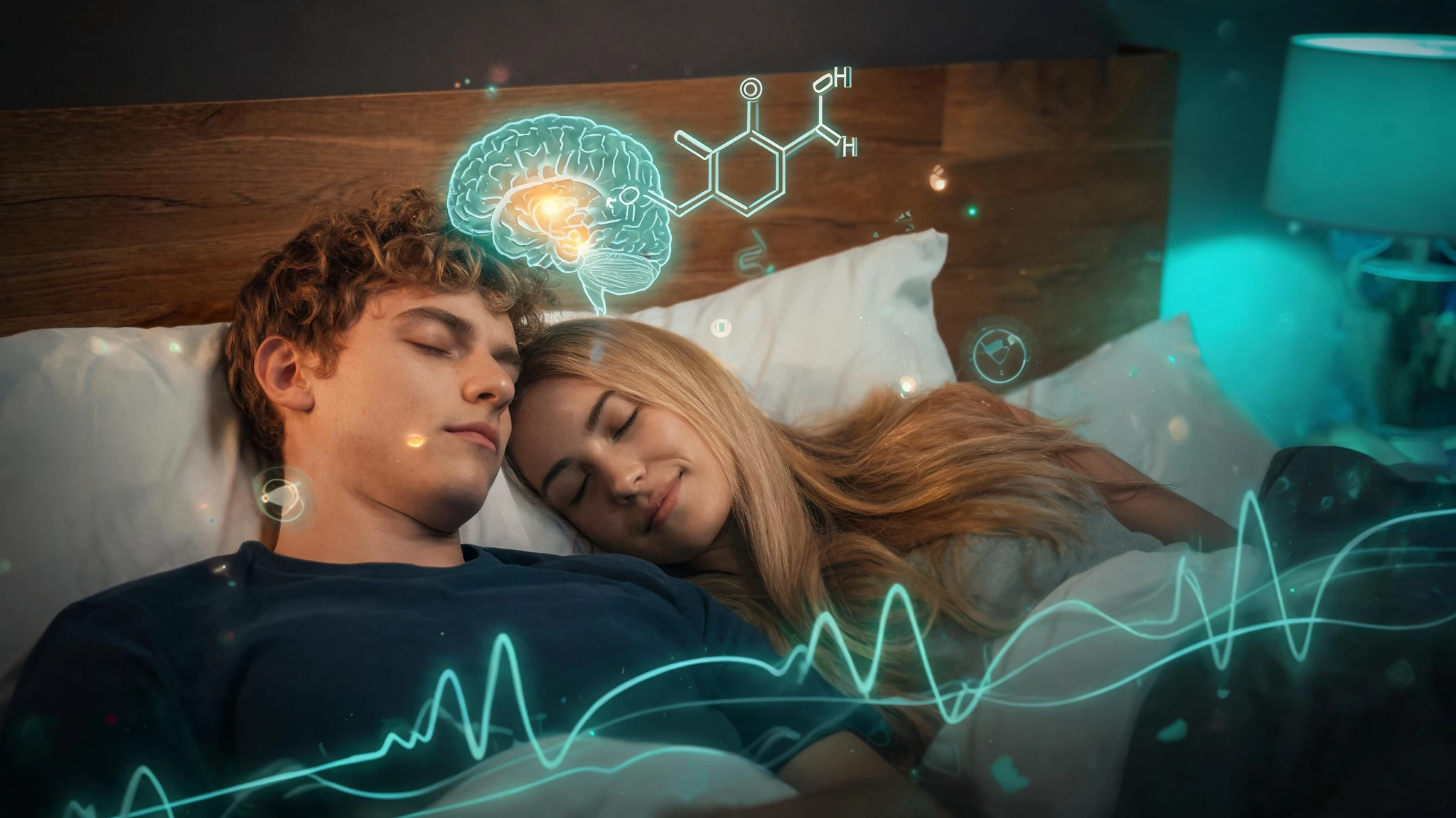 A young Caucasian heterosexual couple in their early twenties asleep on white pillows against a warm wooden headboard, the woman with long straight blonde hair resting her cheek on the man's shoulder and faintly smiling, the man with curly light-brown hair and fair skin in a navy cotton t-shirt, both with eyes peacefully closed. The image is recomposed in a stylized cinematic palette with deep navy and charcoal shadows and a single neon teal accent glow rising from the bedside lamp area. Floating around the couple are softly glowing scientific overlays in teal and amber: a translucent brain silhouette with a highlighted hypothalamus, a delicate oxytocin molecular structure (a small chain of hexagonal rings with bond lines), faint EEG waveform ribbons drifting horizontally across the lower third, and subtle sleep-stage cycle icons. The couple stays the visual anchor, sharply lit and centered to survive a 3:4 portrait crop. No text overlays, no watermarks