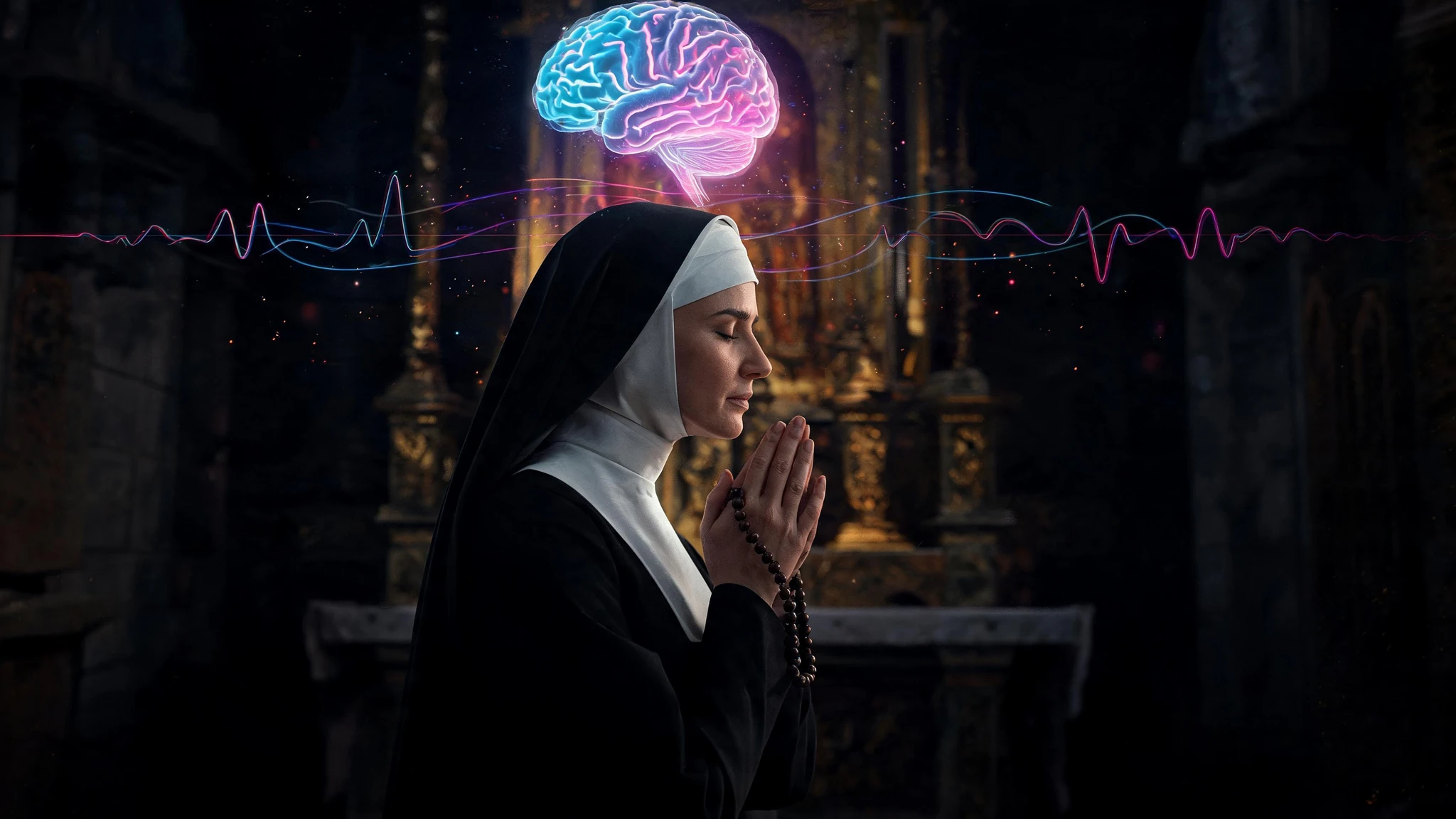 A Caucasian woman in her forties wearing a traditional black-and-white nun's habit kneels in quiet prayer inside a chapel, eyes gently closed, holding a dark wooden rosary between her hands near her face. Warm side light catches her face and the gilded altar behind her, the rest of the chapel softly out of focus. Photorealistic, homemade snapshot aesthetic, shot on a phone camera with slight natural framing imperfection, subject centered so the image survives a 3:4 portrait crop, no text in the image, no watermarks, no logos